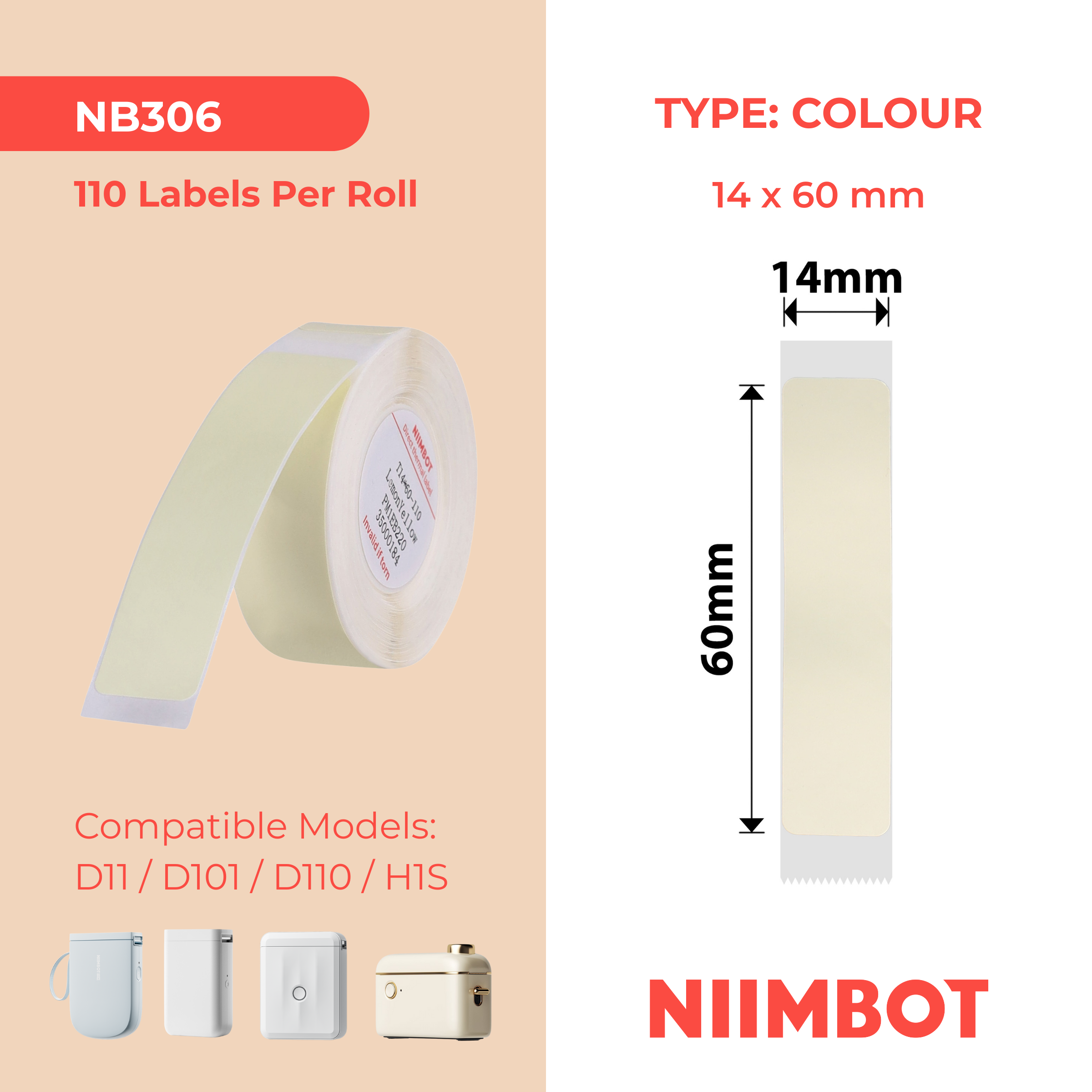 NB306 - NIIMBOT - D11 / D101 / D110 - R14*60 - 110 ETIKETTE PER ROL - SUURLEMOENGEEL ONTWERP