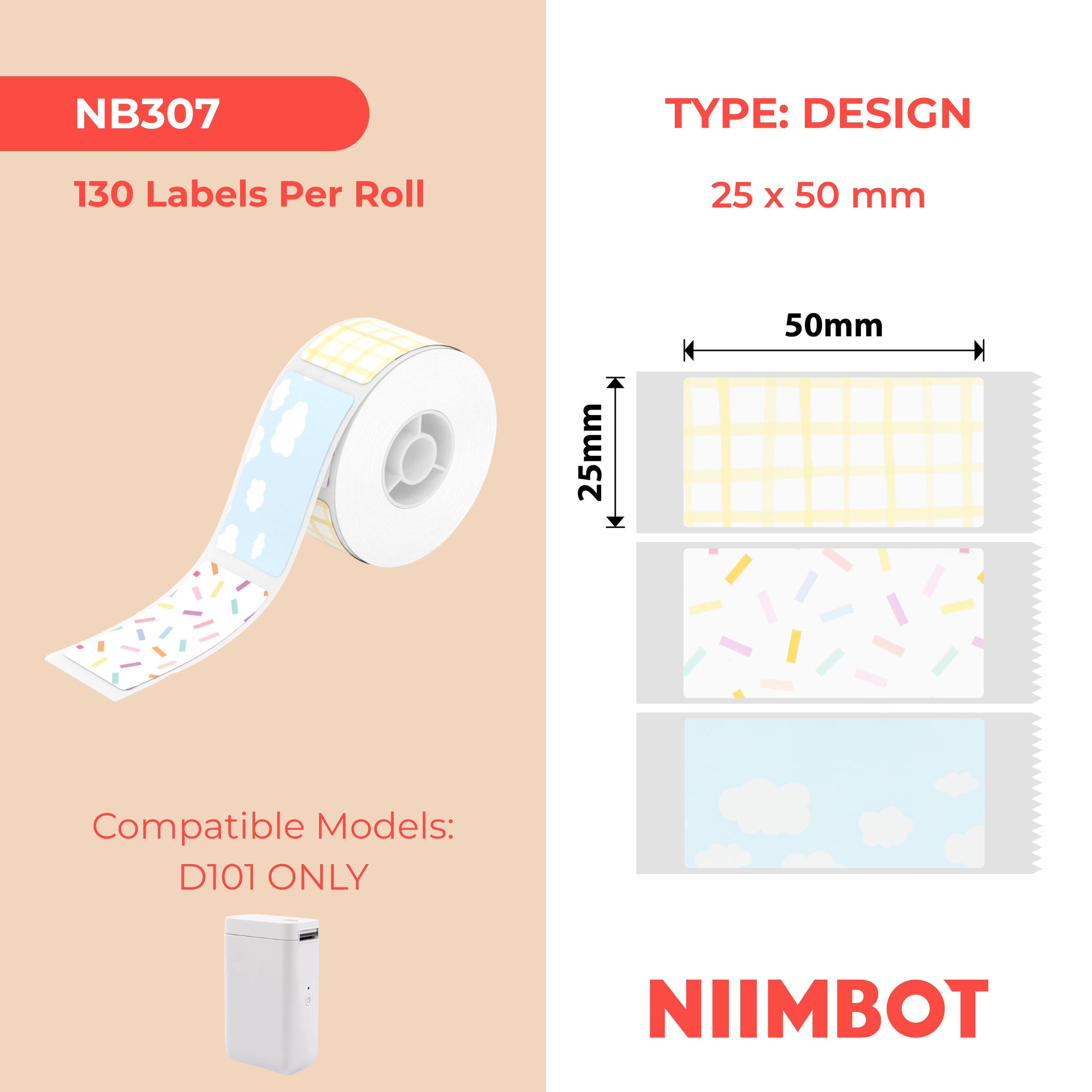 NB307 - NIIMBOT - SLEGS D101 - R14*60 - 110 ETIKETTE PER ROL - GEMENGDE PATROONONTWERP