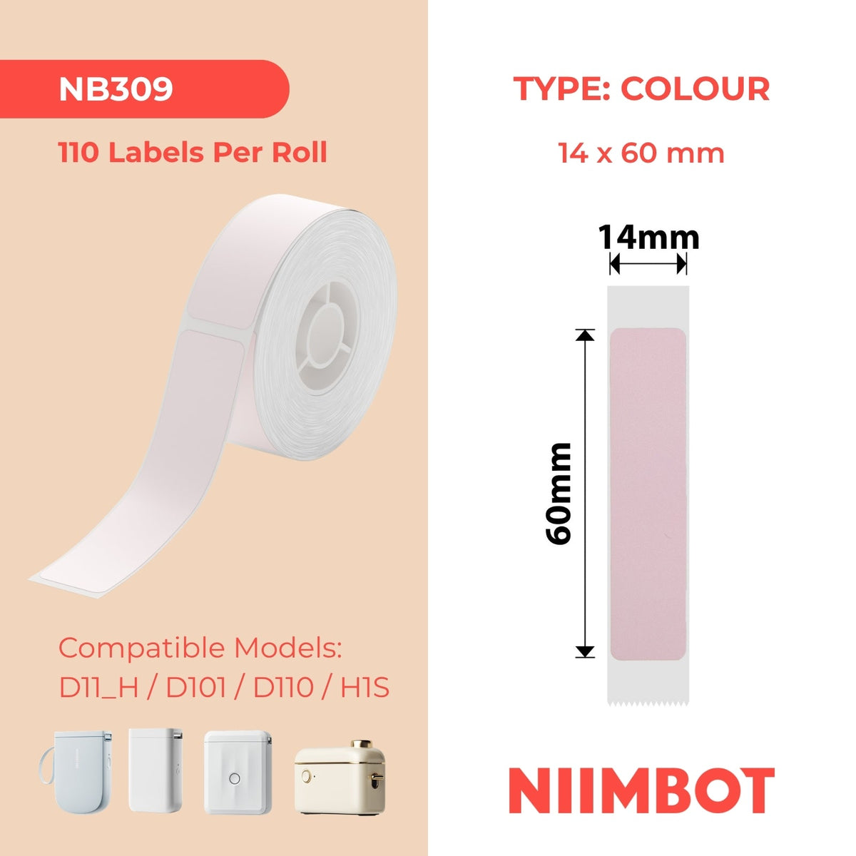 NIIMBOT - D Range - 14x60mm - Pink - 110 Labels