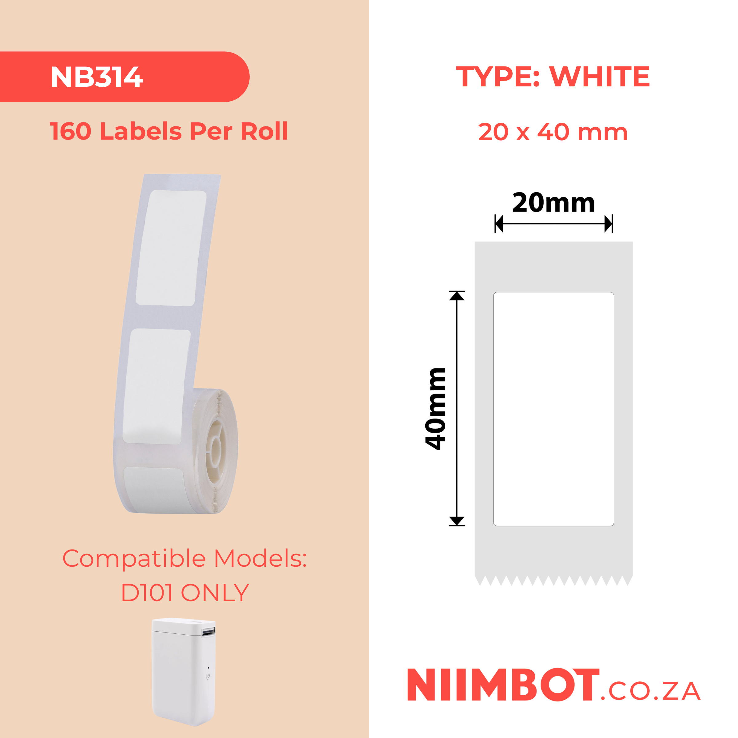 NB314 - NIIMBOT - D101 ONLY - R20*40 - 160 LABELS PER ROLL - WHITE