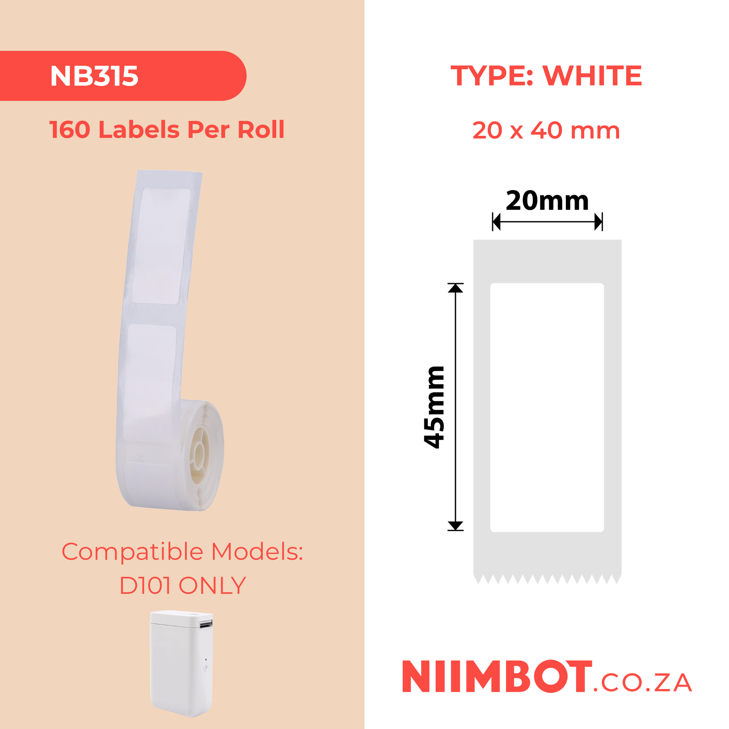 NB315 - NIIMBOT - SLEGS D101 - R20*45 - 150 ETIKETTE PER ROL - WIT