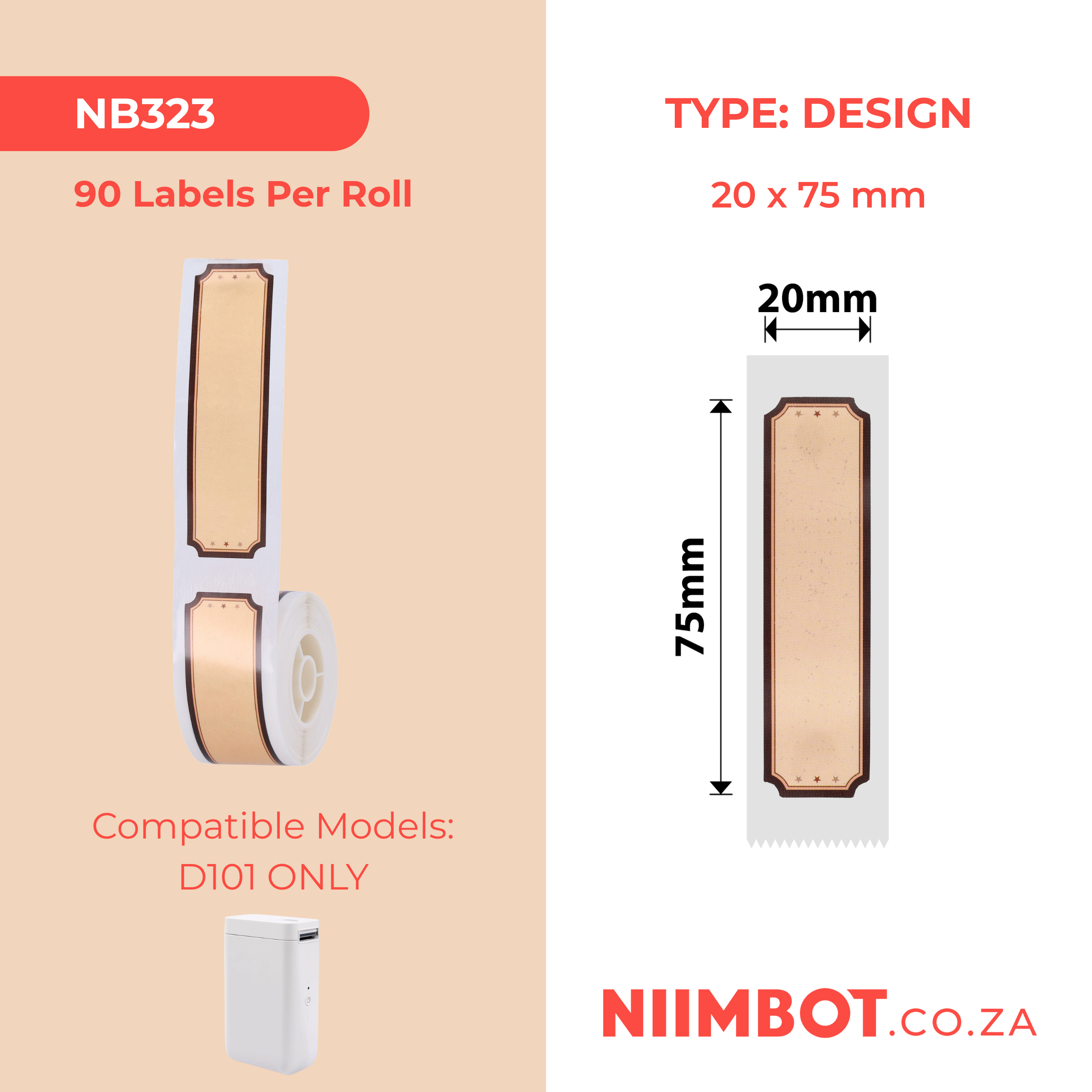 NB323 - NIIMBOT - D101 ONLY - R20*75 - 90 LABELS PER ROLL - BROWN WOOD DESIGN