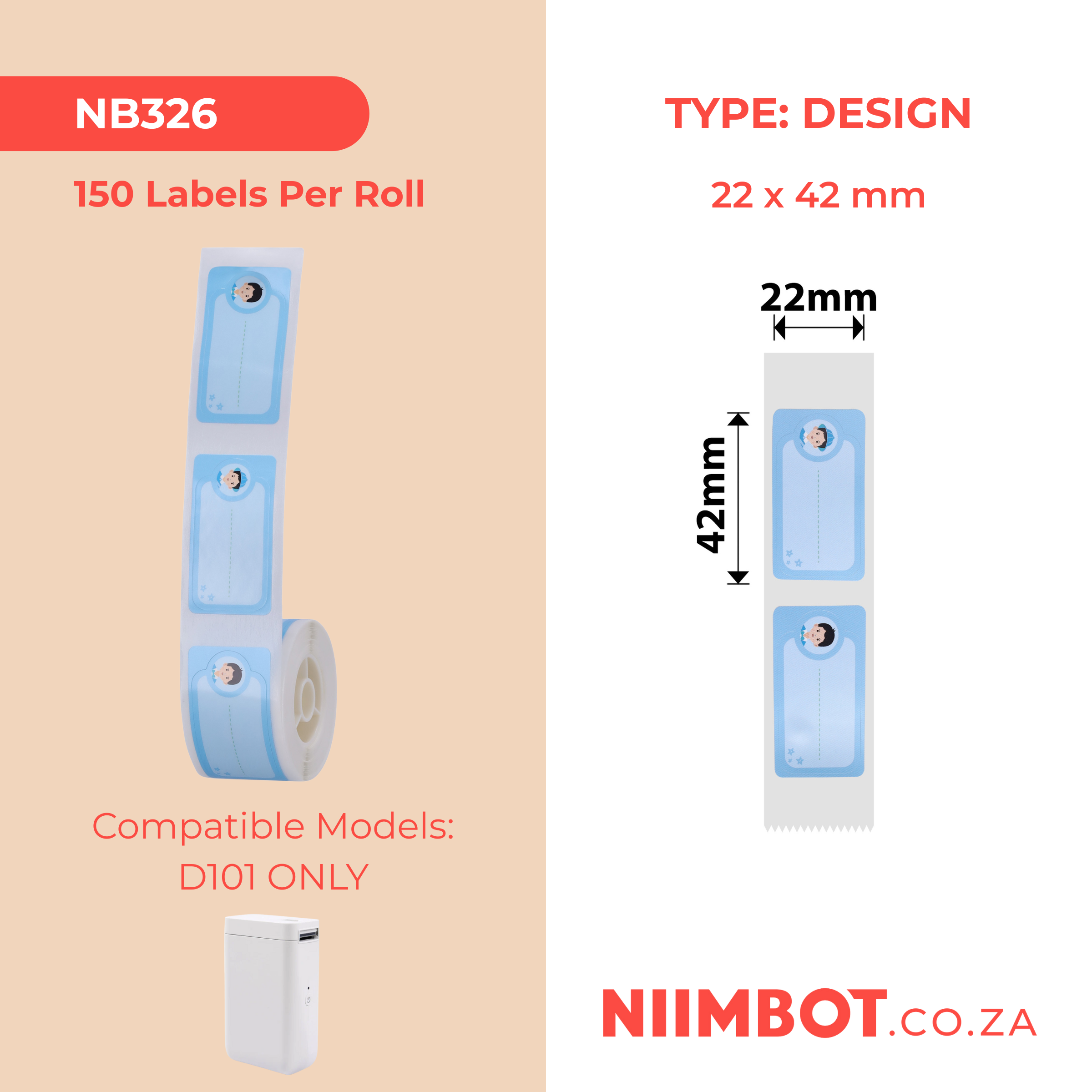 NB326 - NIIMBOT - D101 ONLY - R22*42 - 150 LABELS PER ROLL - COOL BOY - DESIGN