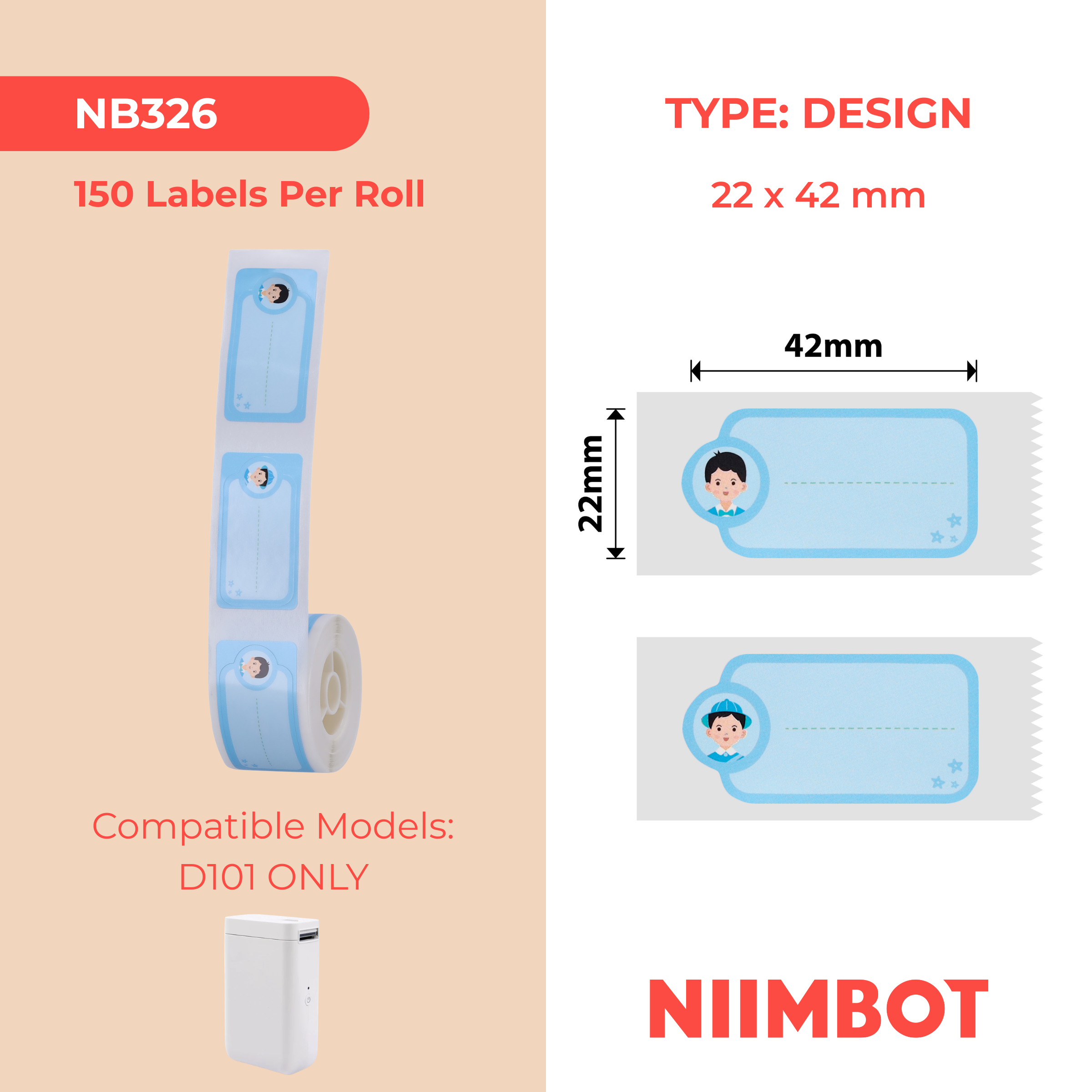 NB326 - NIIMBOT - SLEGS D101 - R22*42 - 150 ETIKETTE PER ROL - COOL BOY - ONTWERP