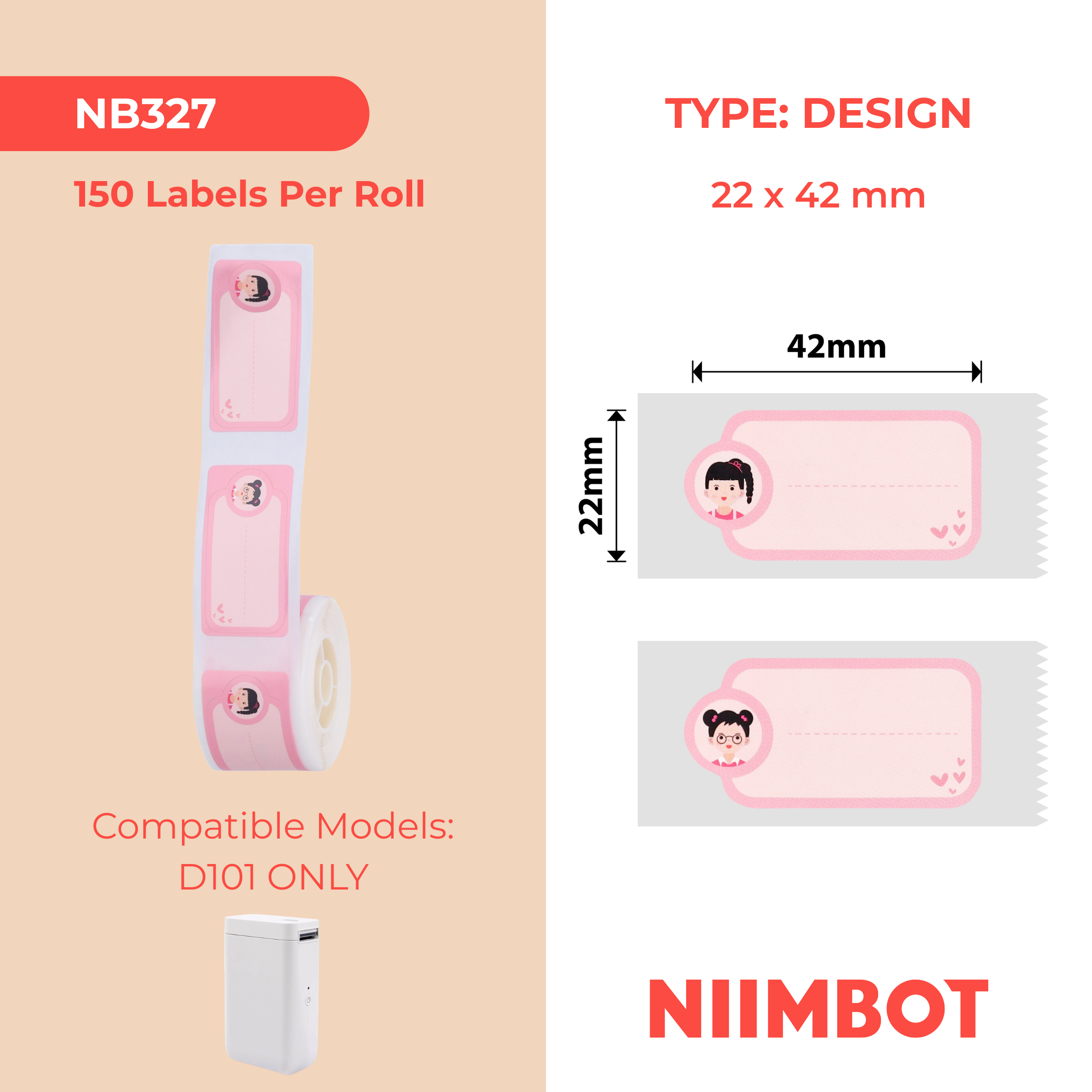 NB327 - NIIMBOT - SLEGS D101 - R22*42 - 150 ETIKETTE PER ROL - SOET BABA-ONTWERP