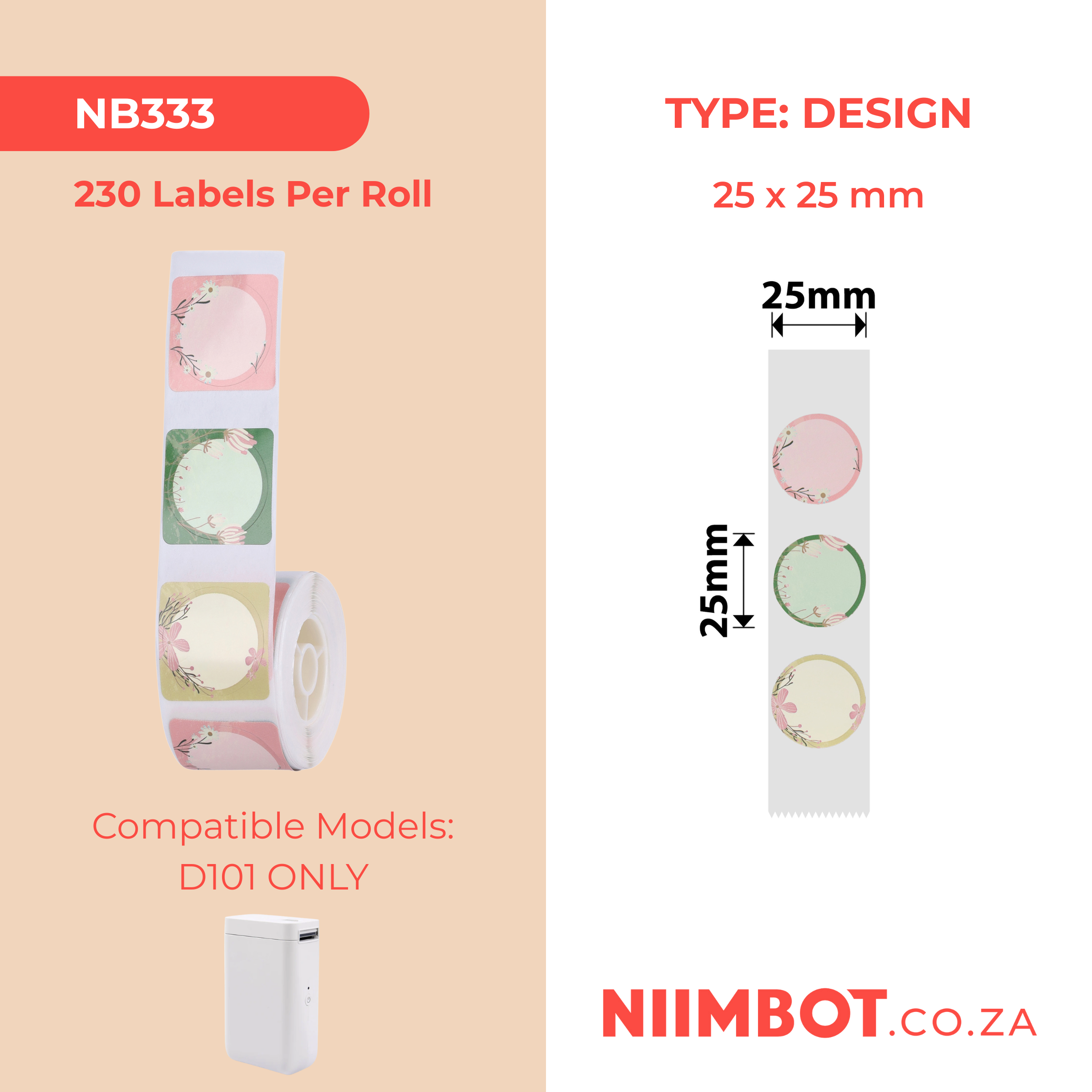 NB333 - NIIMBOT - D101 ONLY - R25*25 - 230 LABELS PER ROLL - FLOWER DESIGN