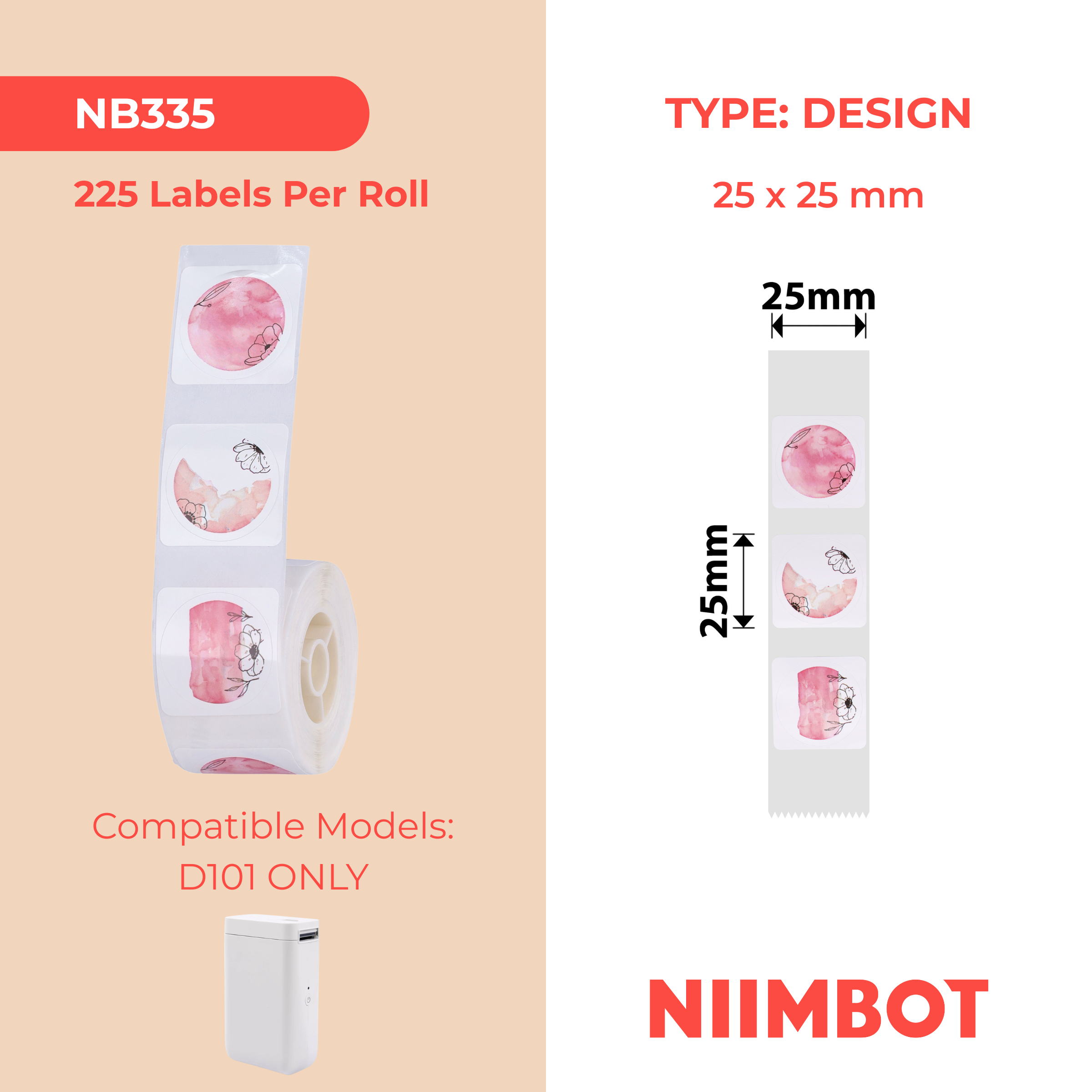 NB335 - NIIMBOT - D101 ONLY - R25X25MM - 225 LABELS PER ROLL - ROUND - PINK