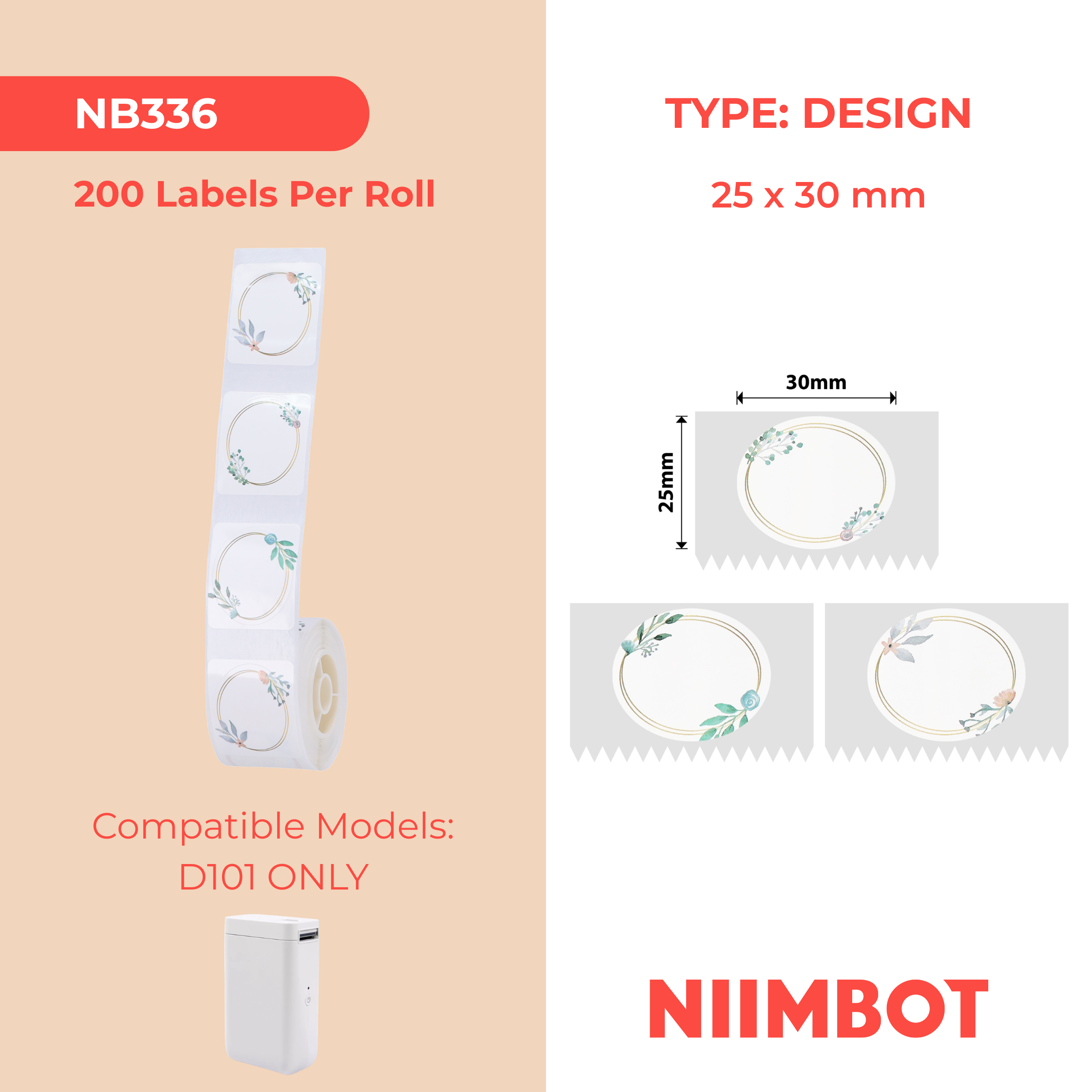 NB336 - NIIMBOT - SLEGS D101 - R25*30 - 200 ETIKETTE PER ROL - PARK OVAAL ONTWERP