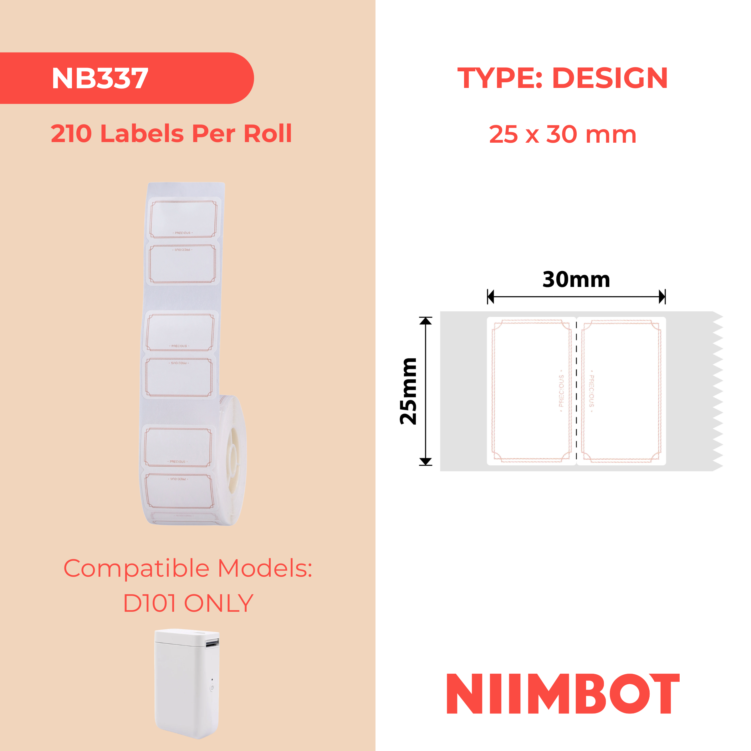 NB337 - NIIMBOT - SLEGS D101 - R25*30 - 210 ETIKETTE PER ROL - ELEGANTE ONTWERP