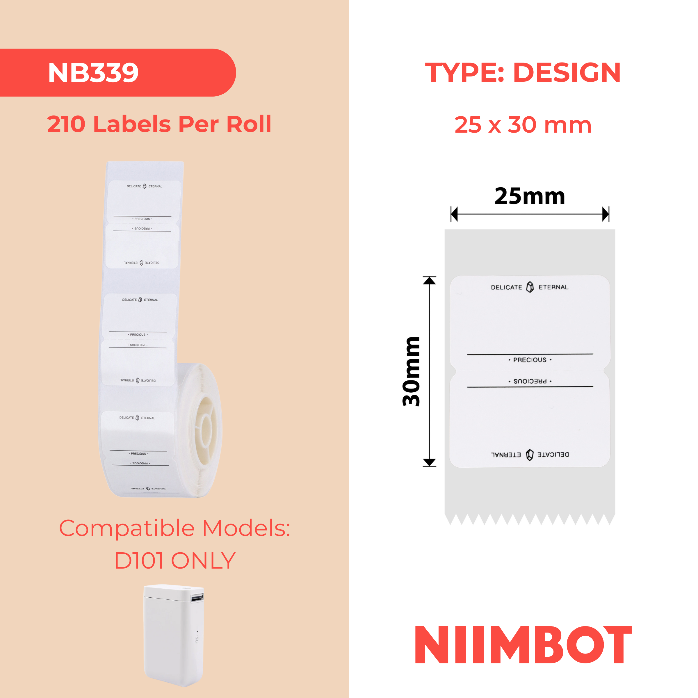 NB339 - NIIMBOT - SLEGS D101 - R25*30 - 210 ETIKETTE PER ROL - VIR ALTYD ONTWERP