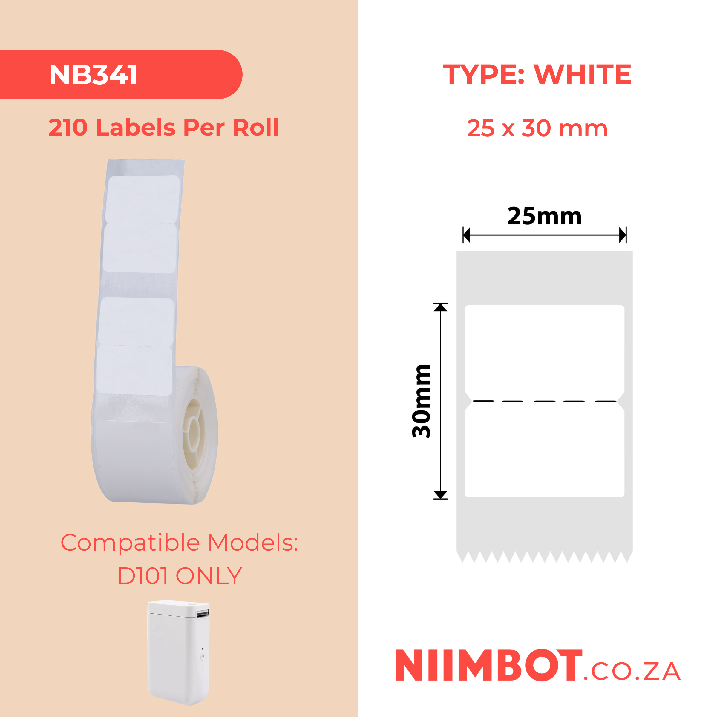 NB341 - NIIMBOT - D101 ONLY - R25*30 - 210 LABELS PER ROLL - NO HOLE DESIGN