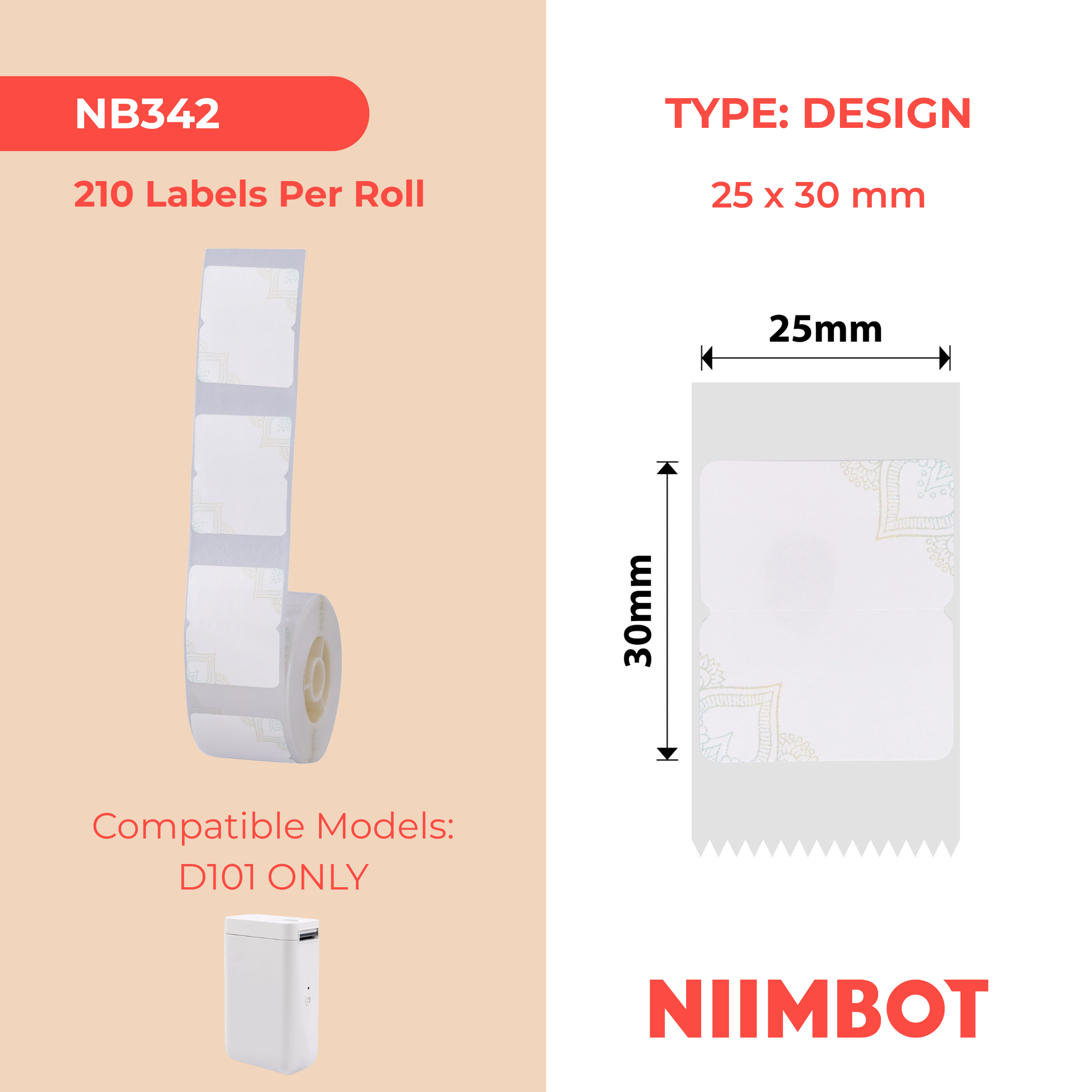NB342 - NIIMBOT - SLEGS D101 - R25*30 - 210 ETIKETTE PER ROL - PANDORA MARK DESIGN