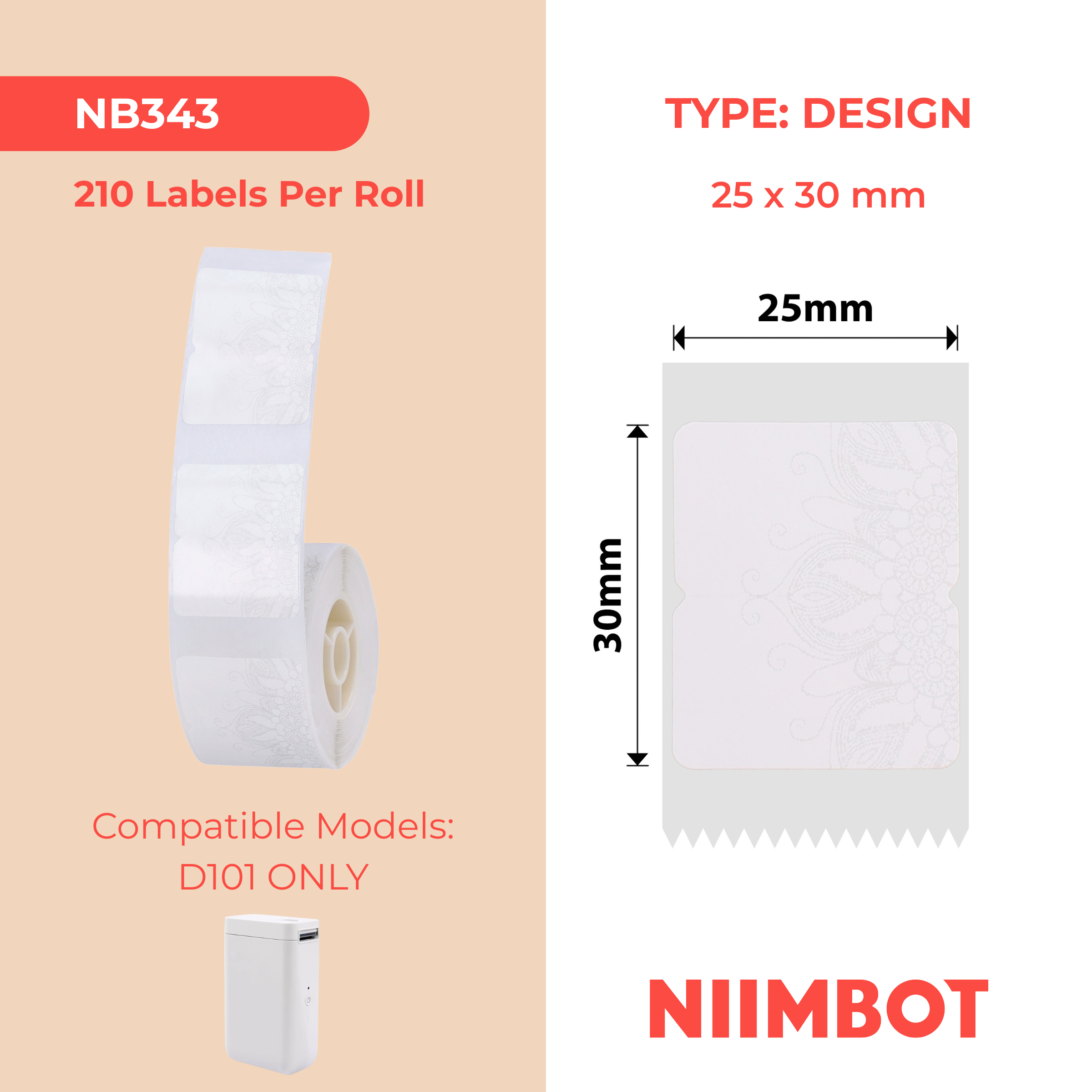 NB343 - NIIMBOT - SLEGS D101 - R25*30 - 210 ETIKETTE PER ROL - SNEEU KLEUR ONTWERP