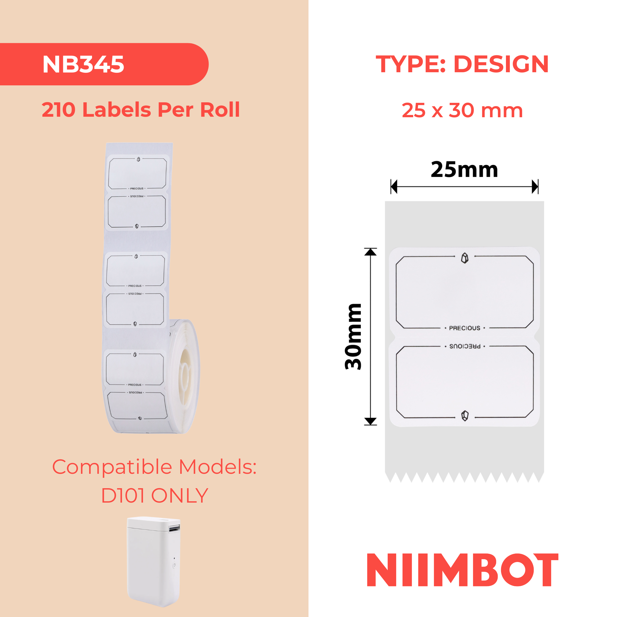 NB345 - NIIMBOT - SLEGS D101 - R25*30 - 210 ETIKETTE PER ROL - WARE LIEFDE-ONTWERP