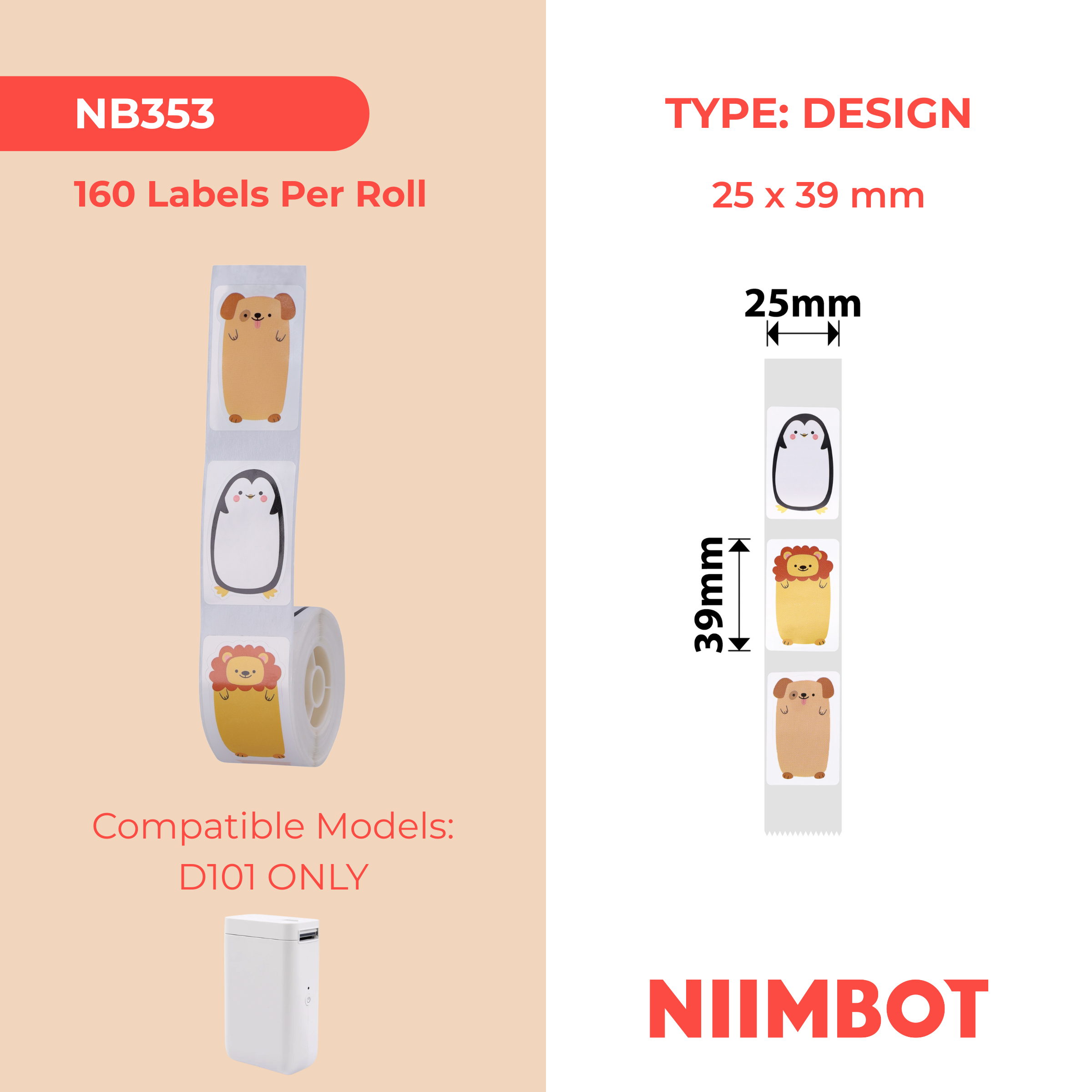 NB353 - NIIMBOT - D101 ONLY - 25X39MM - 160 ANIMALS LABELS