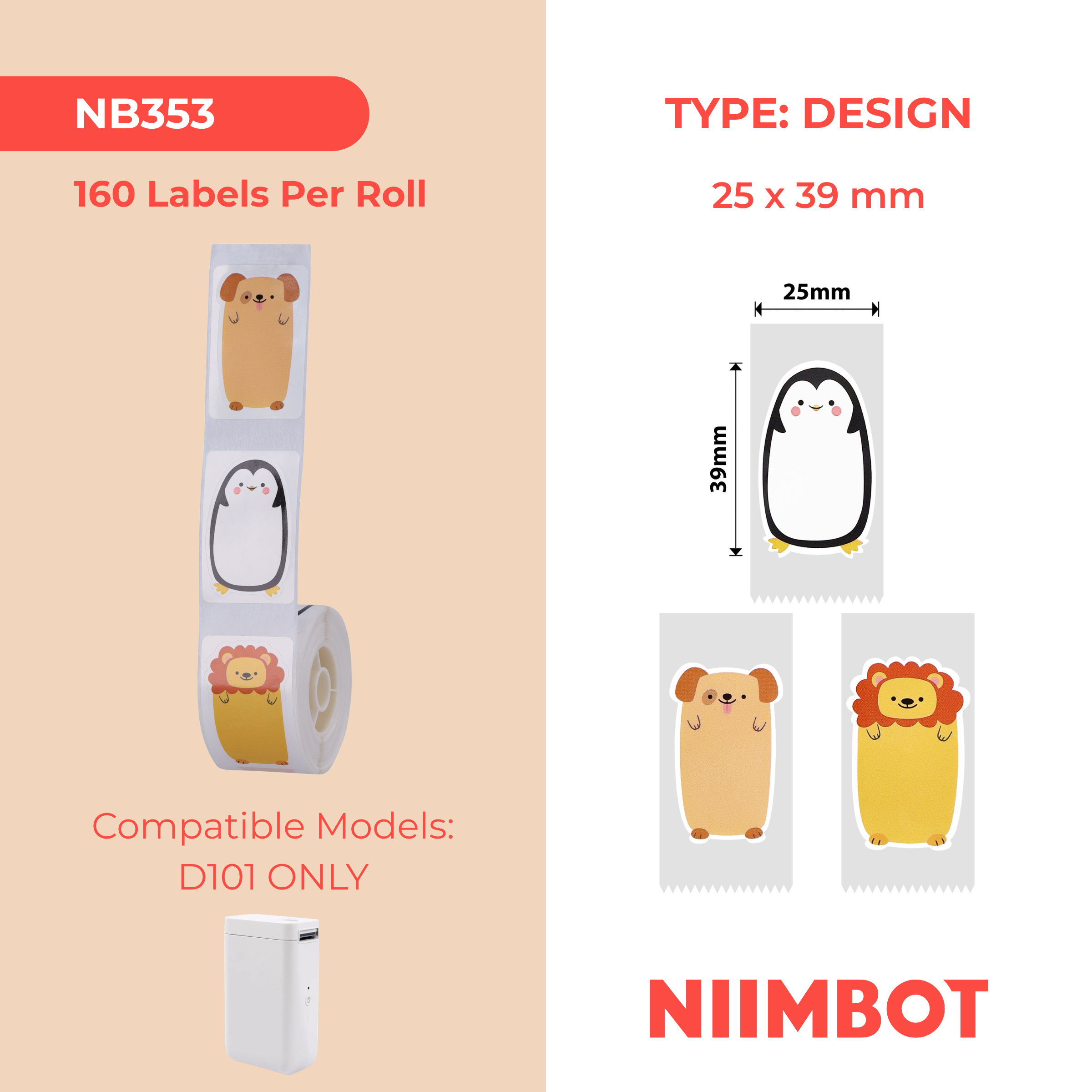 NB353 - NIIMBOT - SLEGS D101 - R25*39 - 160 ETIKETTE PER ROL - DIERE-ONTWERP