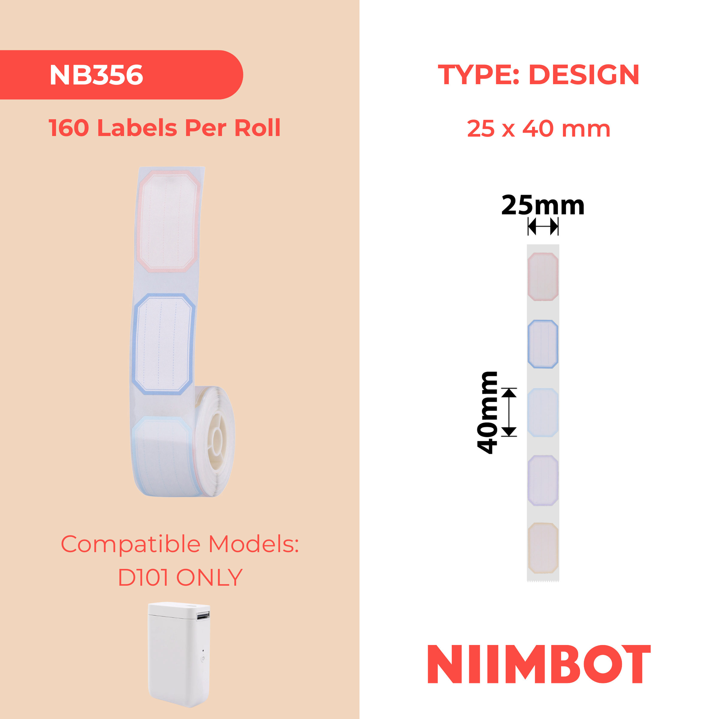 NB356 - NIIMBOT - D101 ONLY - 25X40MM - 160 COLOUR BORDER LABELS