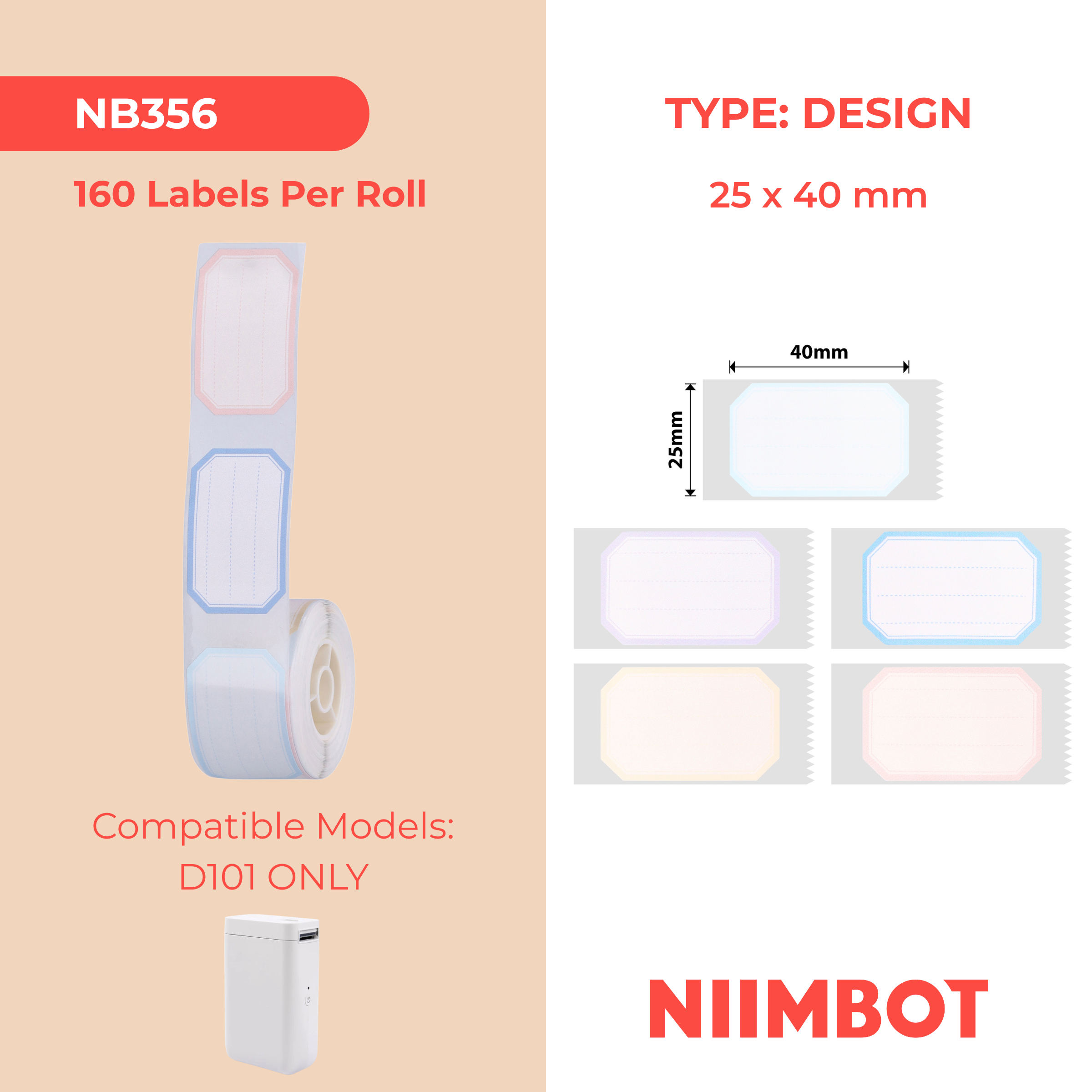 NB356 - NIIMBOT - SLEGS D101 - R25*40 - 160 ETIKETTE PER ROL - KLEURRANSONTWERP