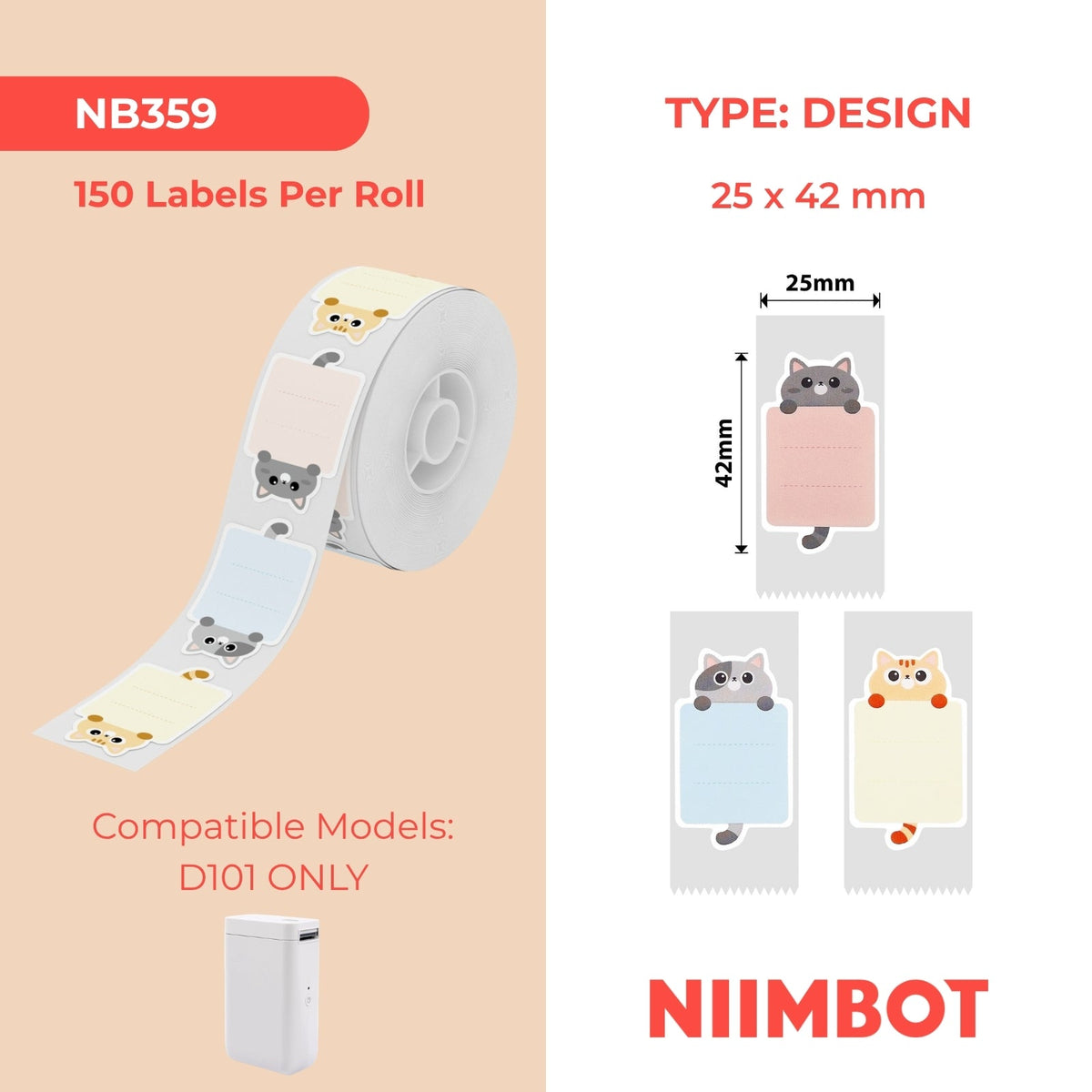 NB359 - NIIMBOT - SLEGS D101 - R25*42 - 150 ETIKETTE PER ROL - BABA KAT ONTWERP