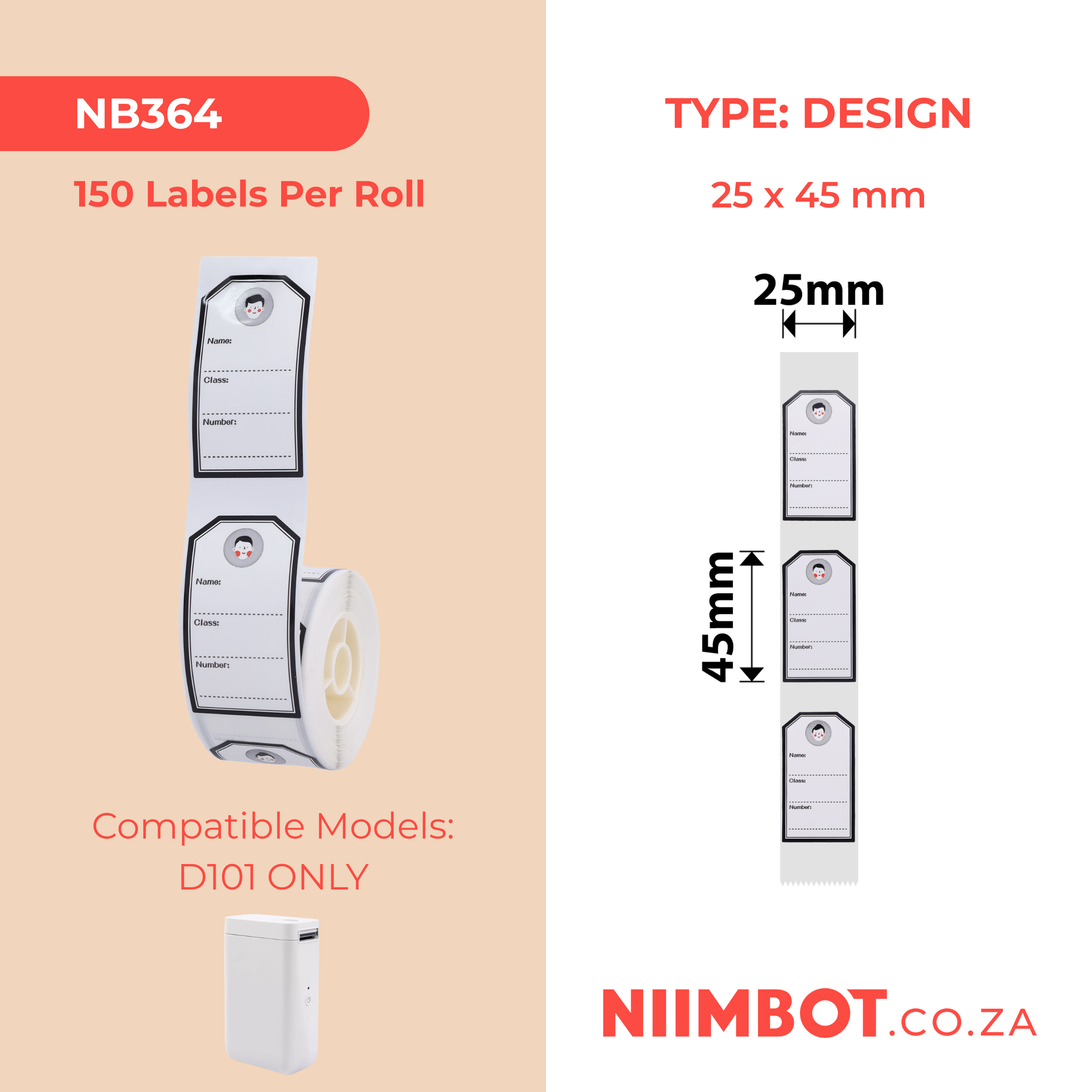 NB364 - NIIMBOT - D101 KUPHELA - R25*45 - 150 IMIBHALO NGEROLL NGAYINYE - UKWENZIWA KOMFANA OMNCANE