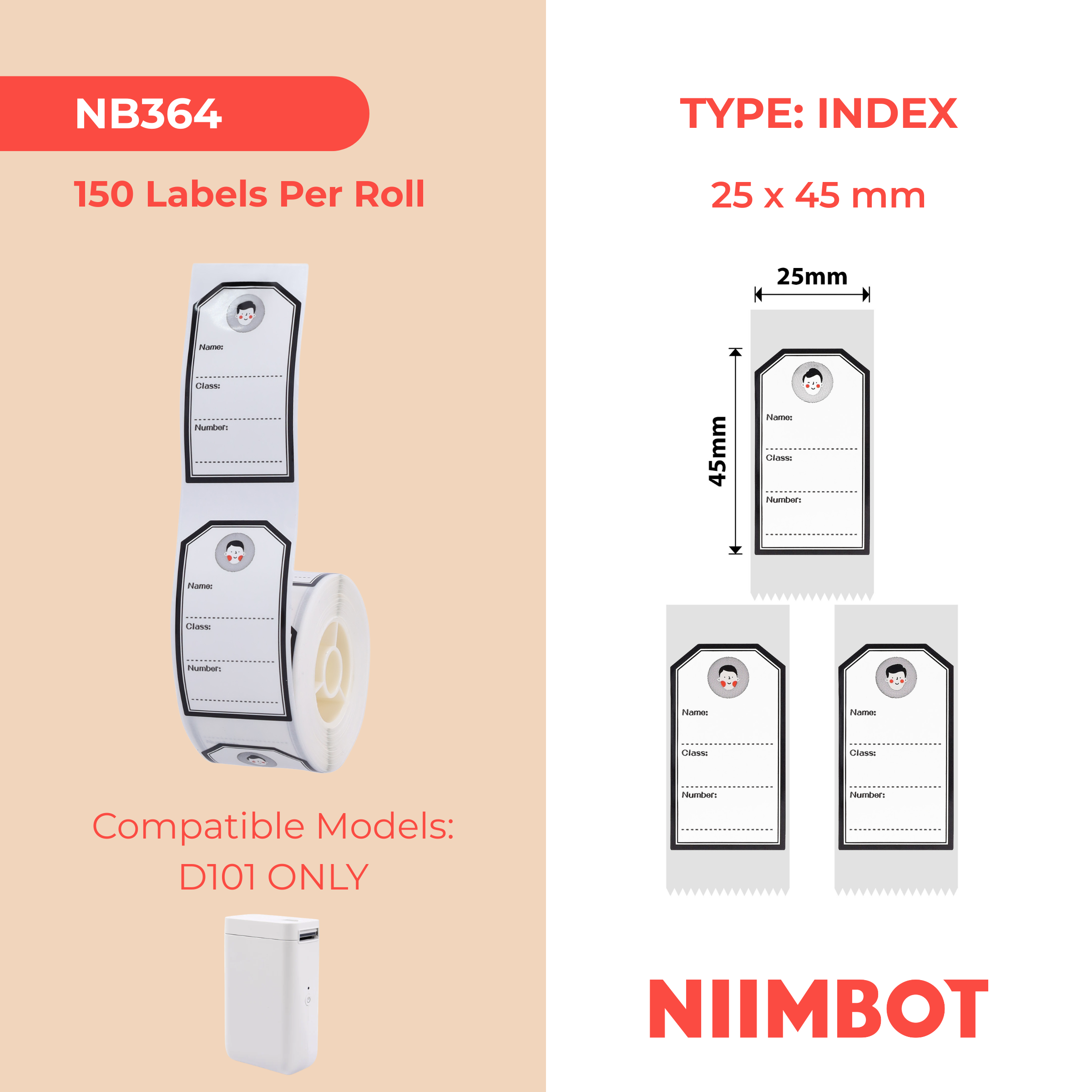 NB364 - NIIMBOT - SLEGS D101 - R25*45 - 150 ETIKETTE PER ROL - JONG SEUN ONTWERP
