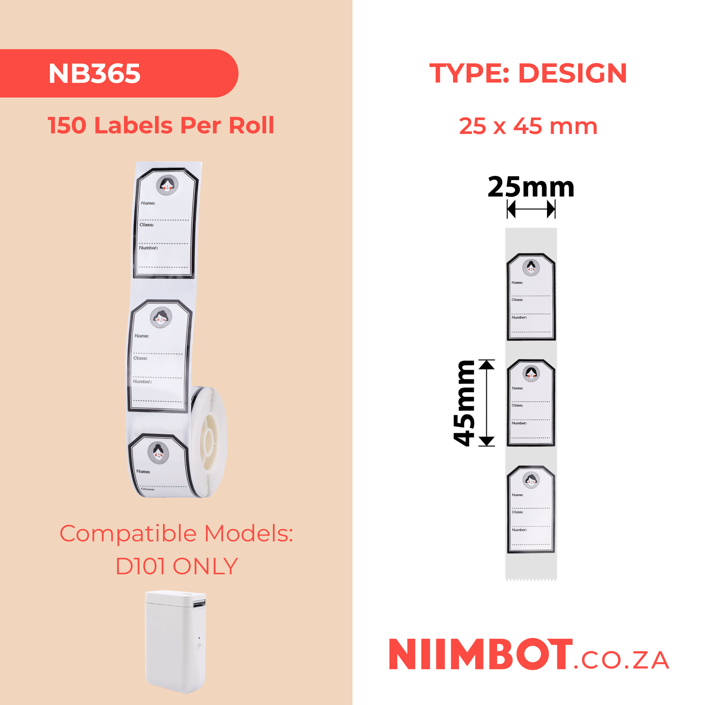 NB365 - NIIMBOT - D101 KUPHELA - R25*45 - 150 IMIBHALO NGEROLL NGAYINYE - UKWENZIWA KWENTOMBAZANE ENCANE