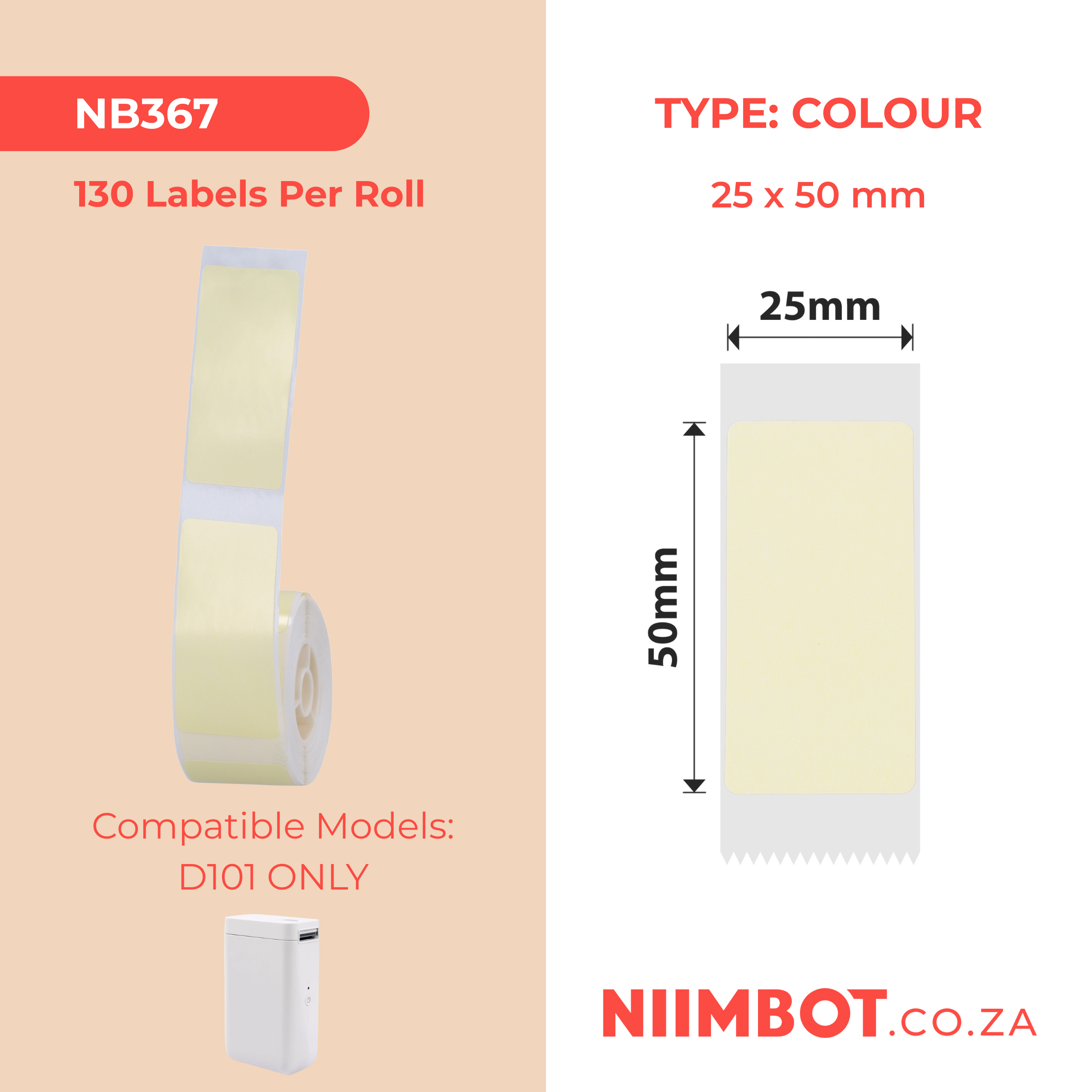 NB367 - NIIMBOT - SLEGS D101 - R25*50 - 130 ETIKETTE PER ROL - SUURLEMOENGEEL KLEURONTWERP