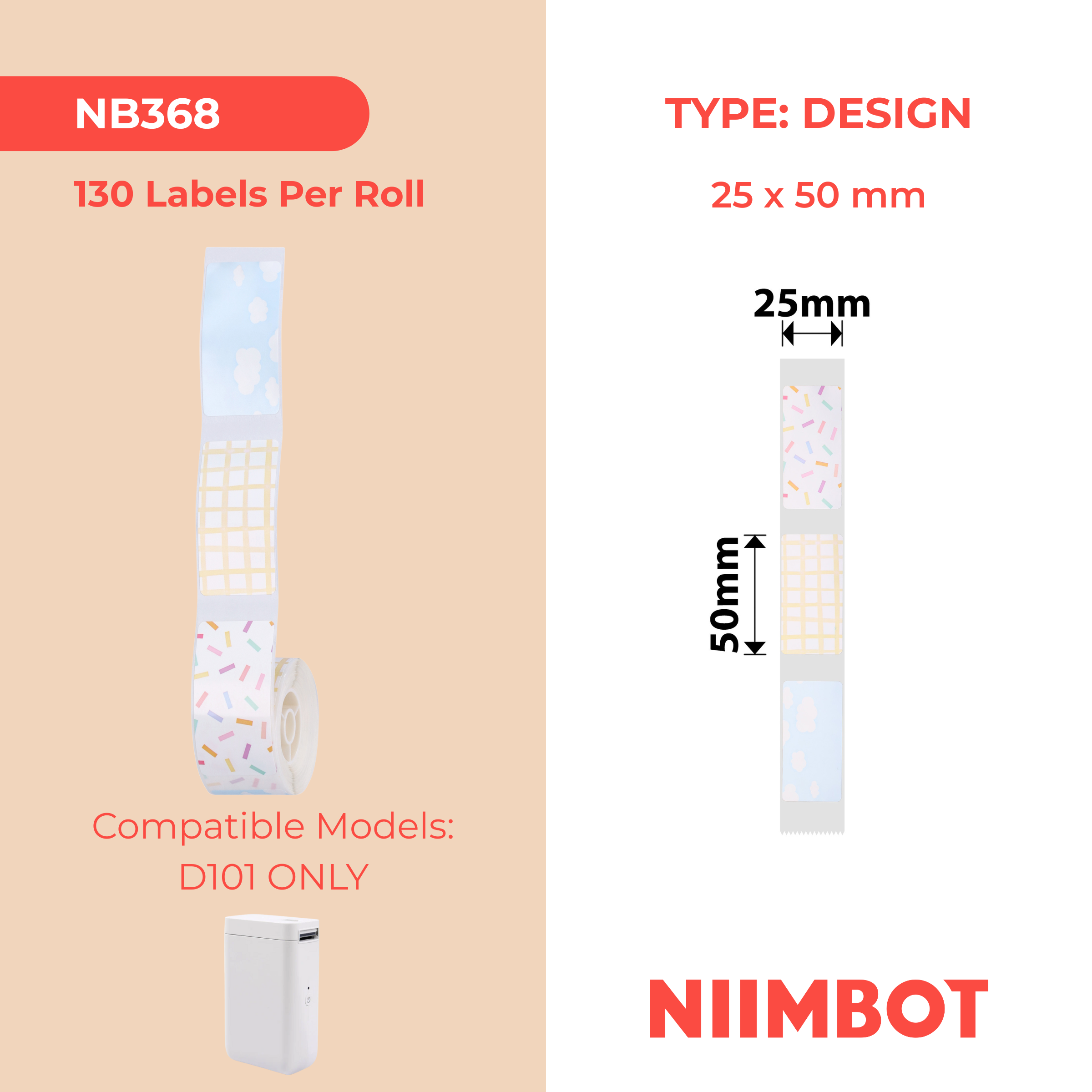 NB368 - NIIMBOT - D101 ONLY - 25X50MM - 130 MIXED PATTERN LABELS