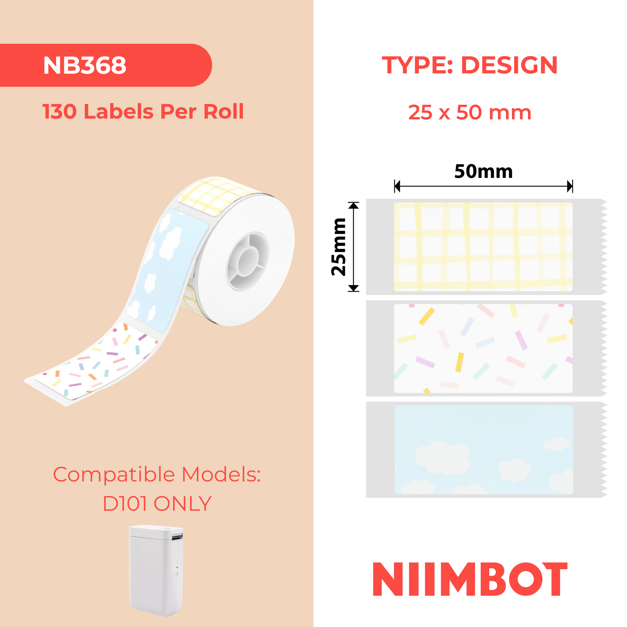 NB368 - NIIMBOT - SLEGS D101 - R25*50 - 130 ETIKETTE PER ROL - GEMENGDE PATROONONTWERP