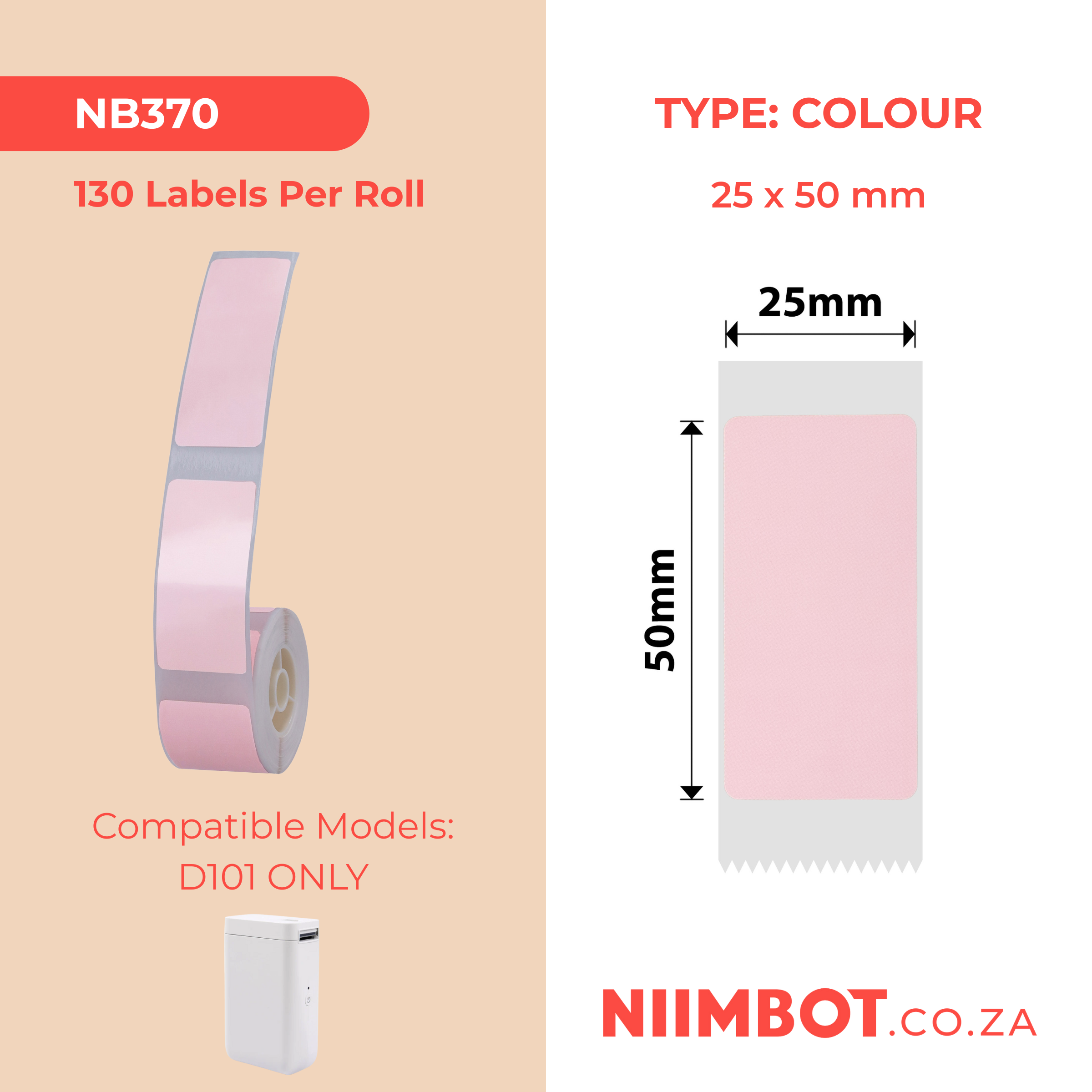 NB370 - NIIMBOT - SLEGS D101 - R25*50 - 130 ETIKETTE PER ROL - PIENK ONTWERP
