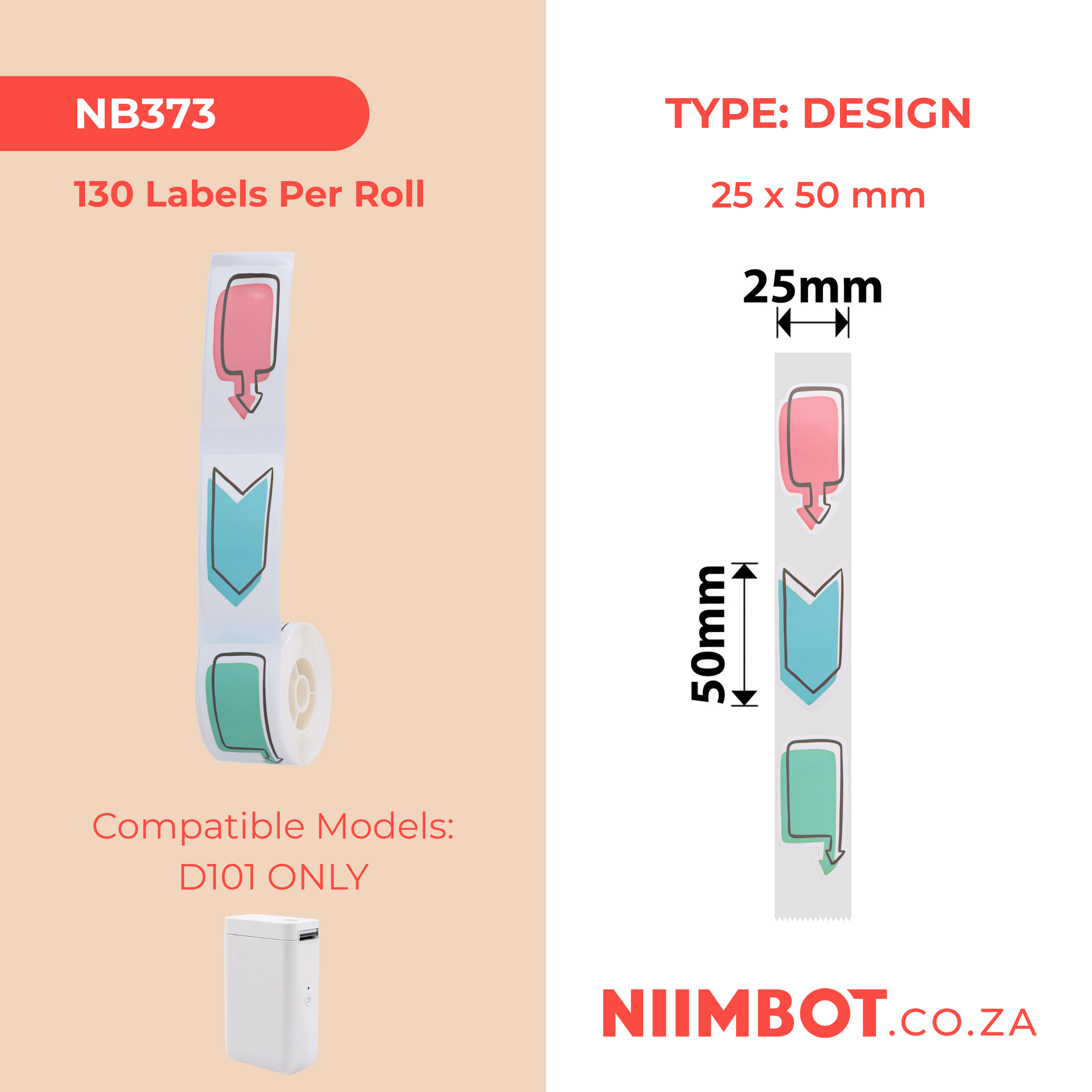 NB373 - NIIMBOT - SLEGS D101 - R25*50 - 130 ETIKETTE PER ROL - KYK HIER NA DIE ONTWERP