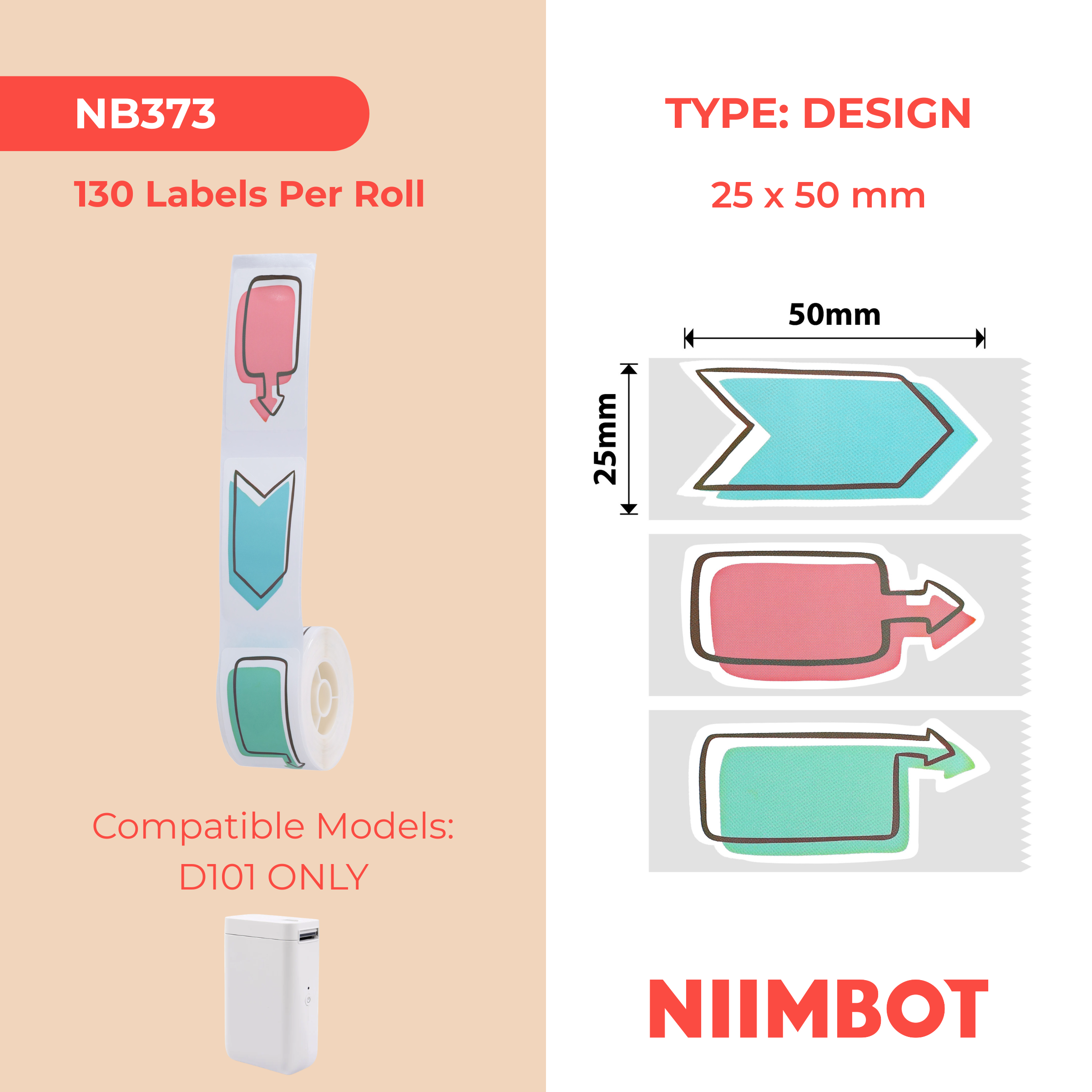 NB373 - NIIMBOT - SLEGS D101 - R25*50 - 130 ETIKETTE PER ROL - KYK HIER NA DIE ONTWERP