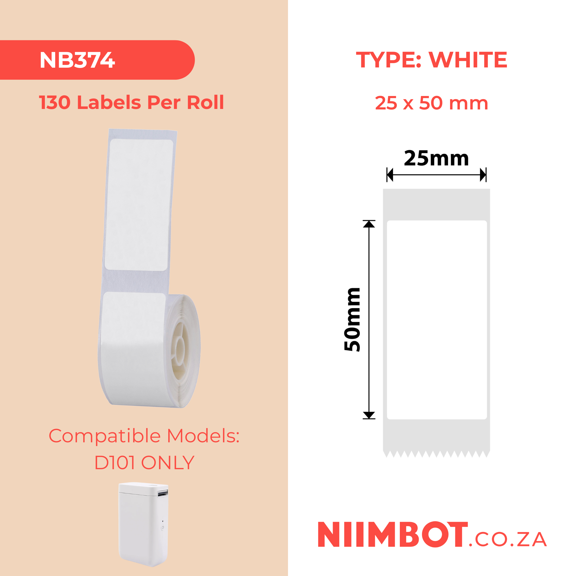 NB374 - NIIMBOT - SLEGS D101 - R25*50 - 130 ETIKETTE PER ROL - WIT