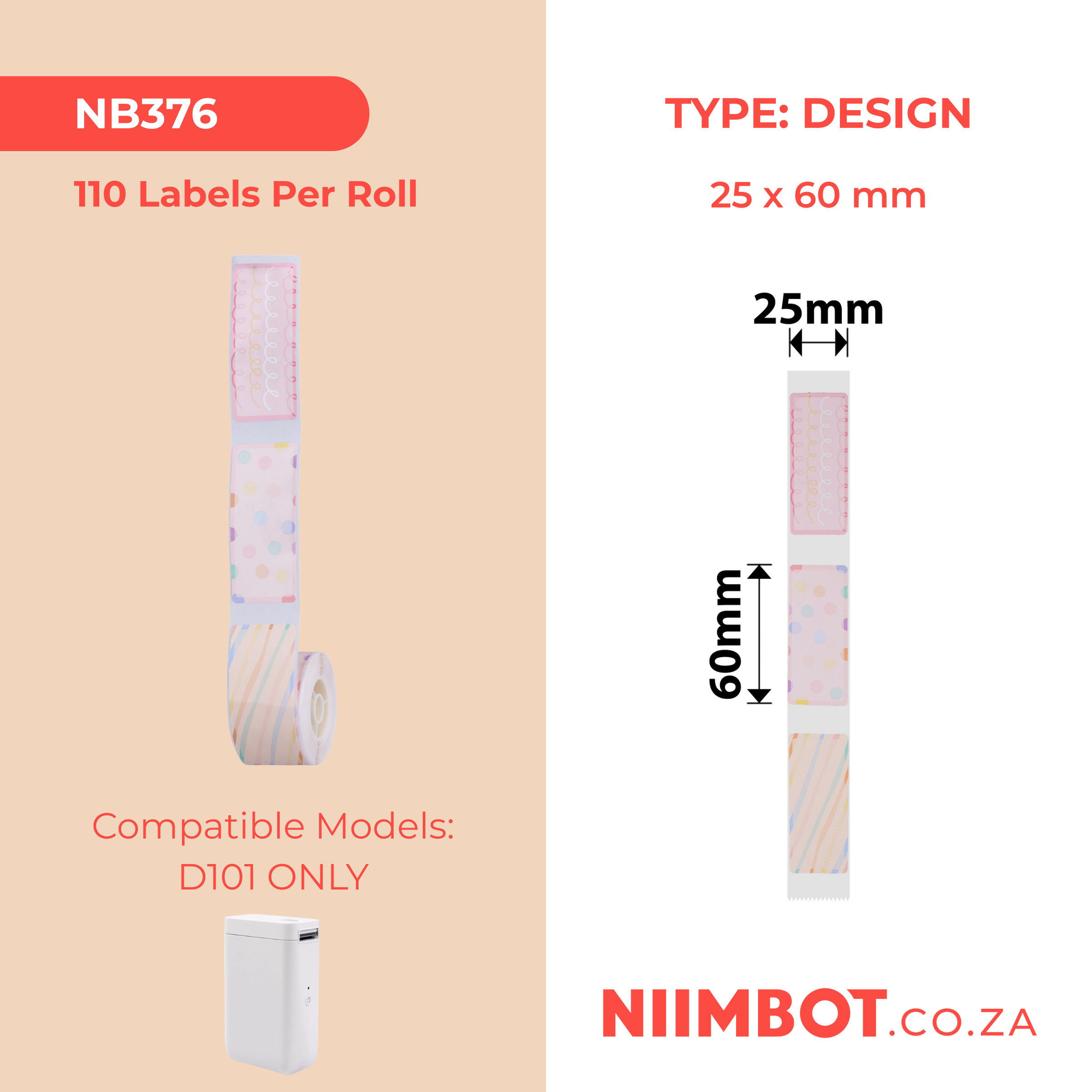 NB376 - NIIMBOT - SLEGS D101 - R25*60 - 110 ETIKETTE PER ROL - FLITSDAGONTWERP