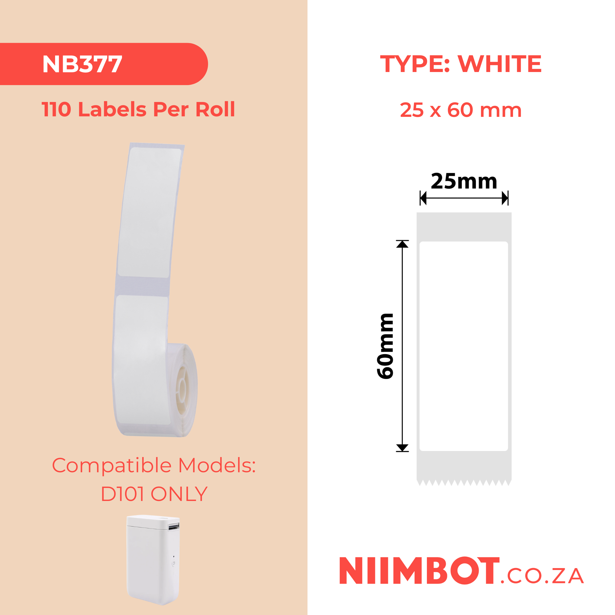 NB377 - NIIMBOT - SLEGS D101 - R25*60 - 110 ETIKETTE PER ROL - WIT
