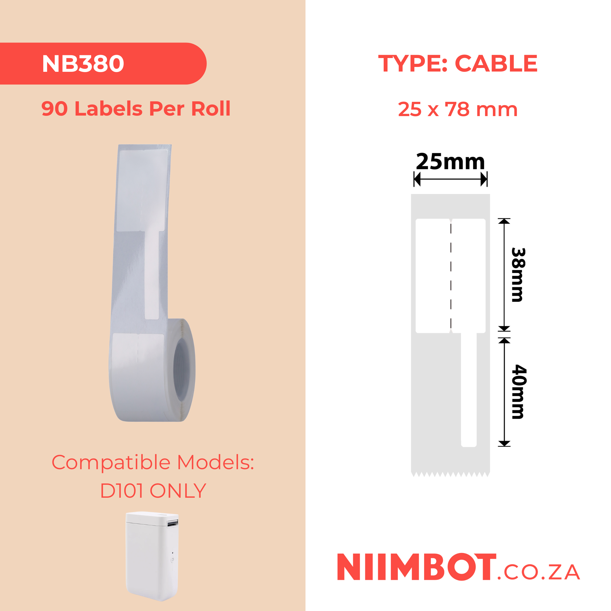 NB380 - NIIMBOT - D101 ONLY - R25*78 - 100 LABELS PER ROLL - CABLE - WHITE