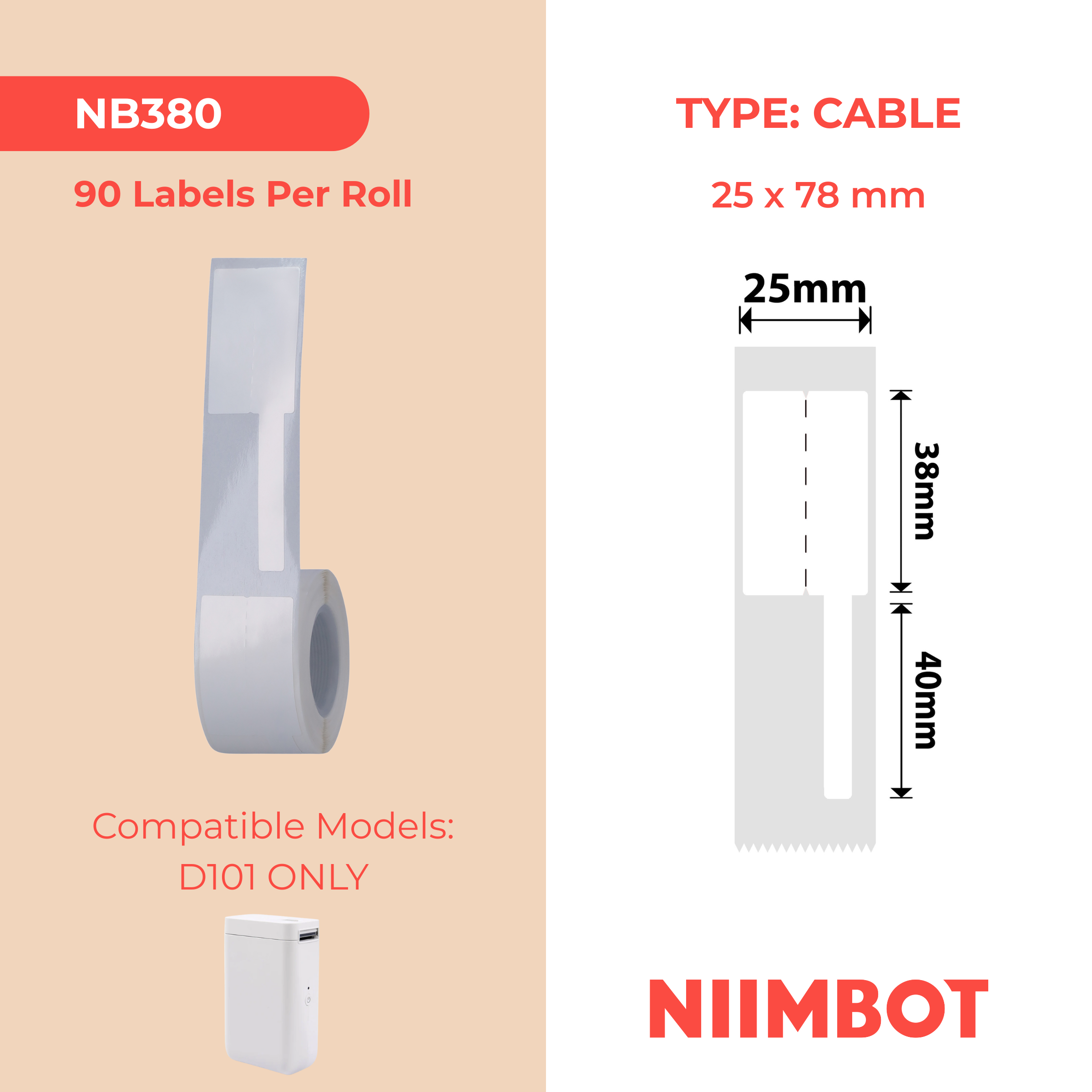 NB380 - Niimbot - D101 Only - 25x78mm - 85 White Cable Labels