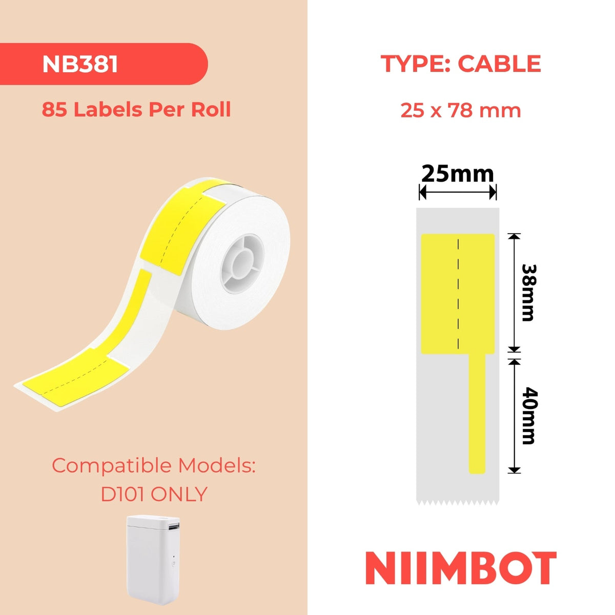 NIIMBOT - D101 Only - 25x78mm - Yellow Cable - 85 Labels
