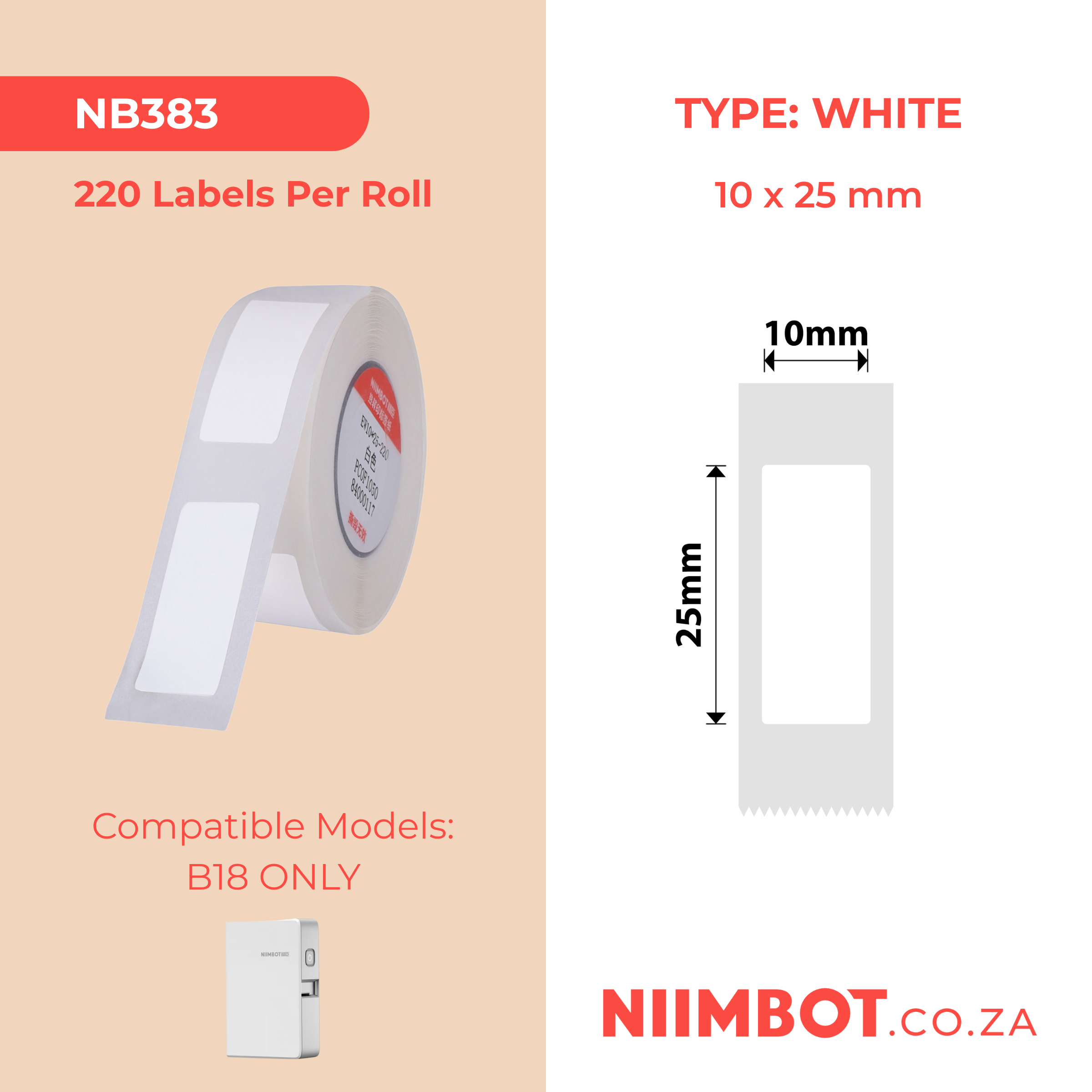 NB383 - NIIMBOT - SLEGS B18 - EW10*25mm - 220 ETIKETTE PER ROL - WIT ONTWERP