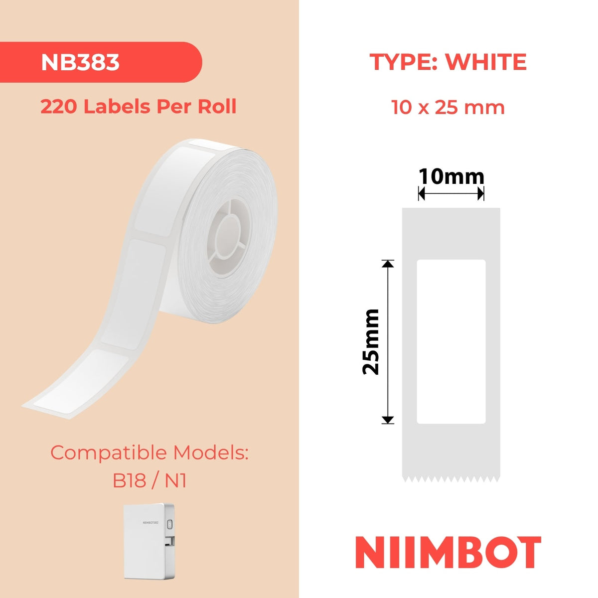 NB383 - NIIMBOT - SLEGS B18 - EW10*25mm - 220 ETIKETTE PER ROL - WIT ONTWERP