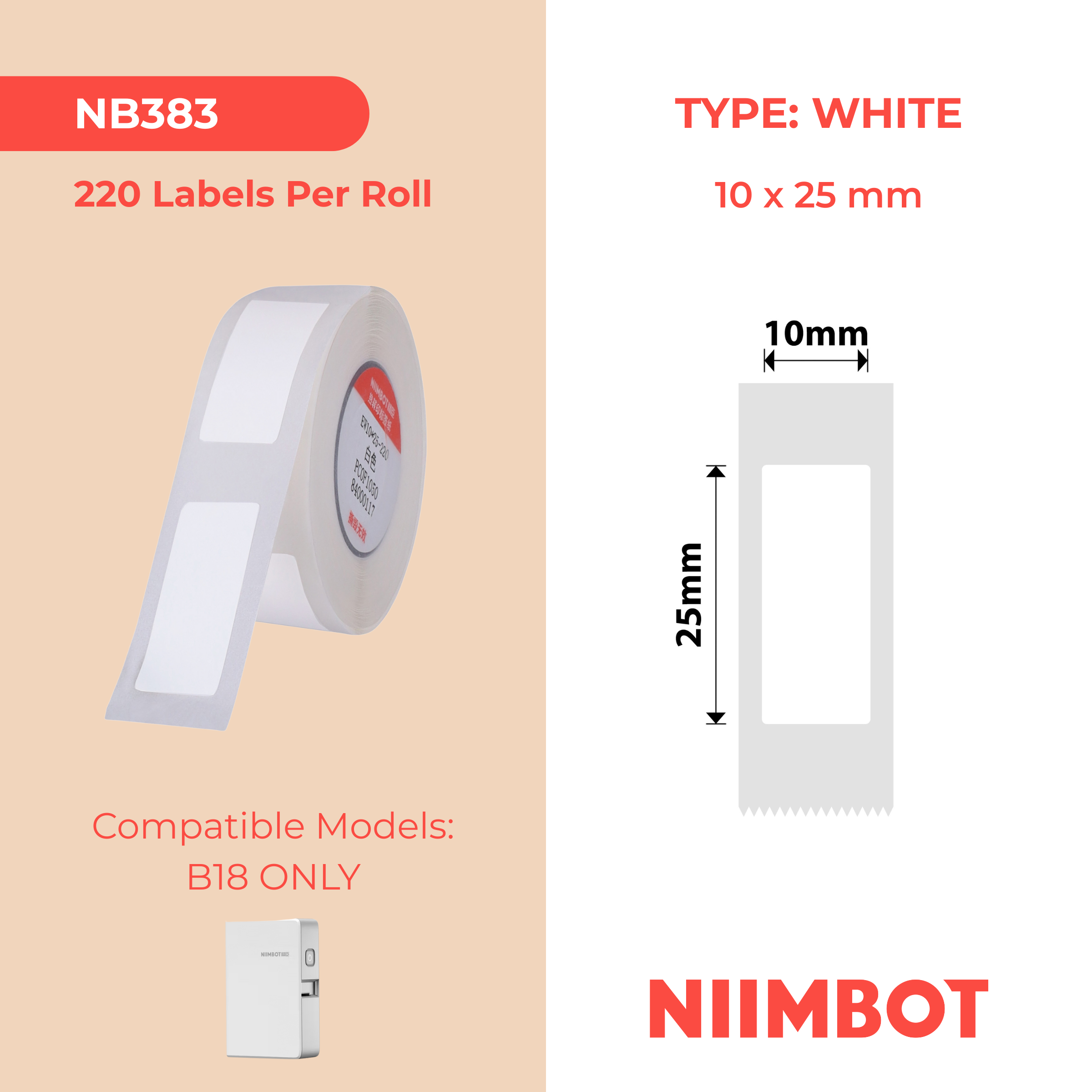 NB383 - NIIMBOT - B18 / N1 - EW10X25mm - 220 LABELS PER ROLL - WHITE