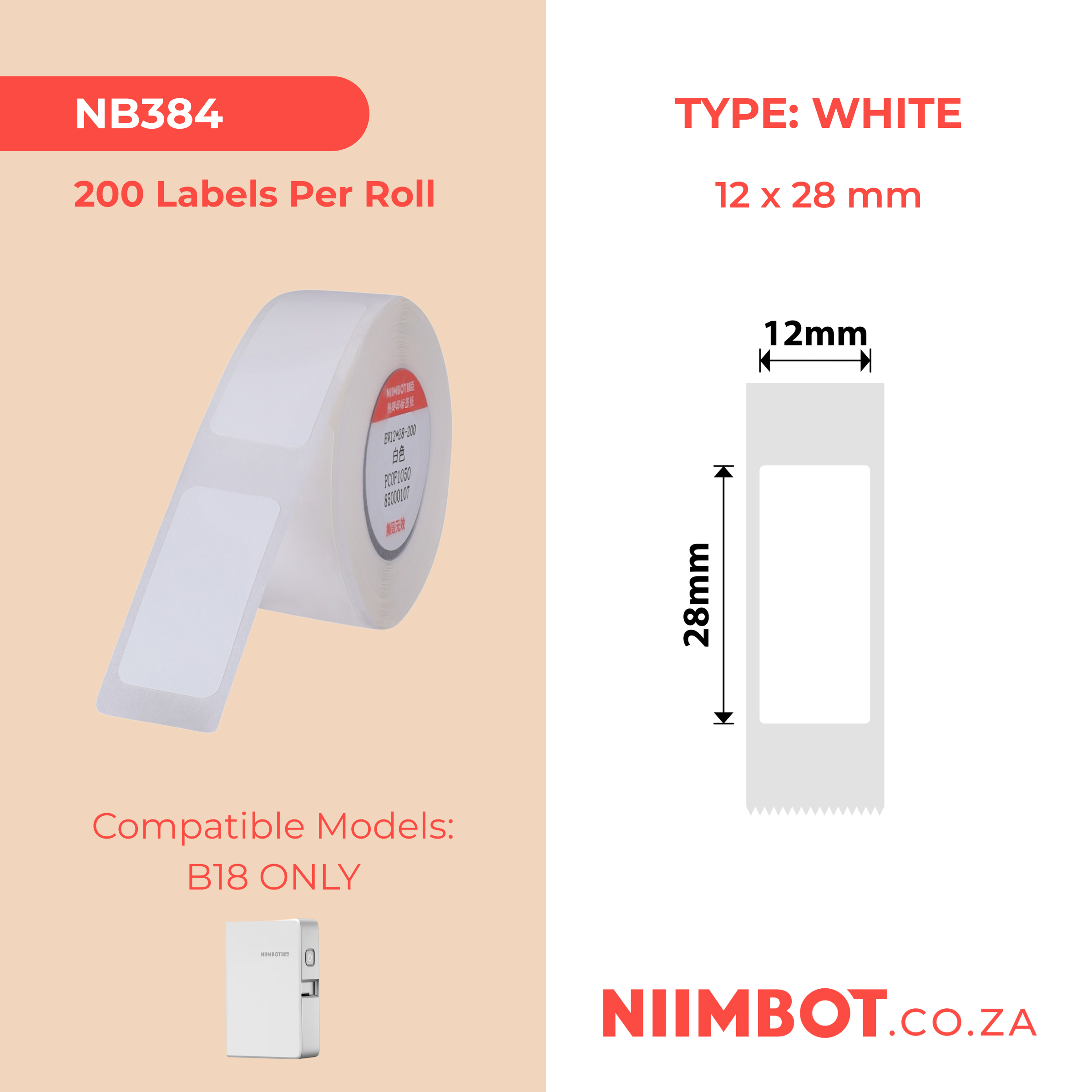 NB384 - NIIMBOT - B18 - EL12*28mm - 200 ETIKETTE PER ROL - WIT ONTWERP