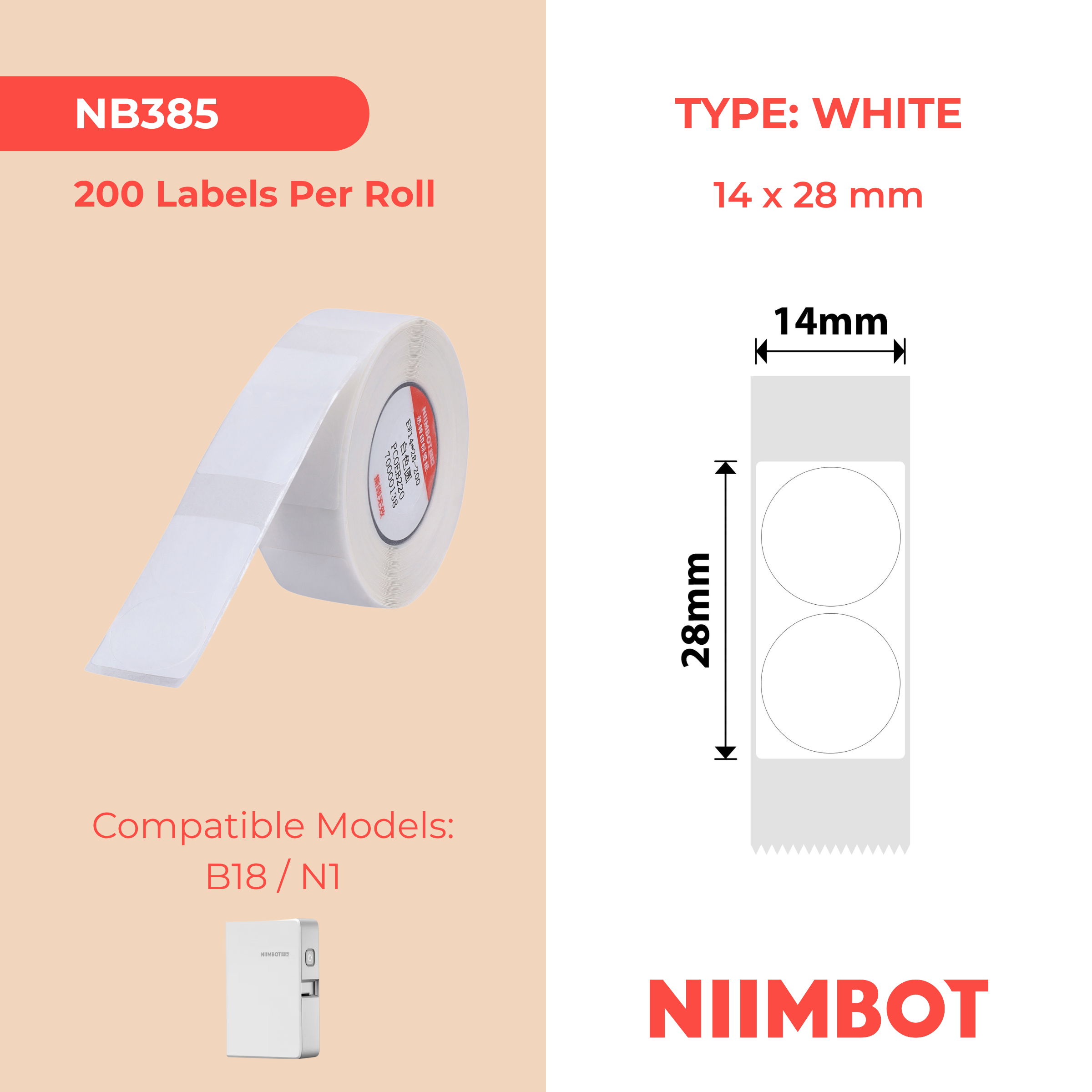 NB385 - Niimbot - N1 - 14x28mm - 200 White Round Labels
