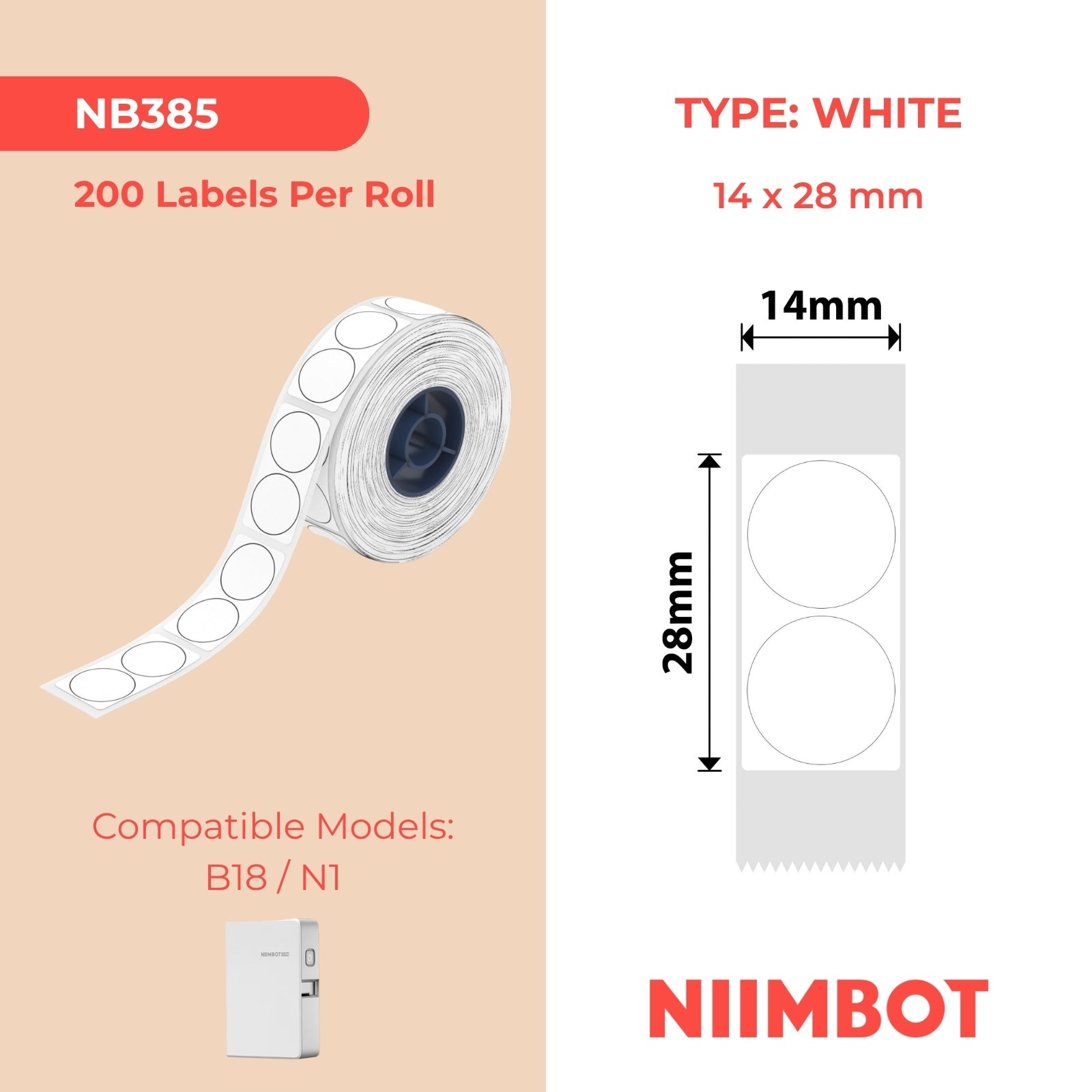 NB385 - NIIMBOT - B18 - EL14*28mm - 200 ETIKETTE PER ROL - WIT RONDE ONTWERP