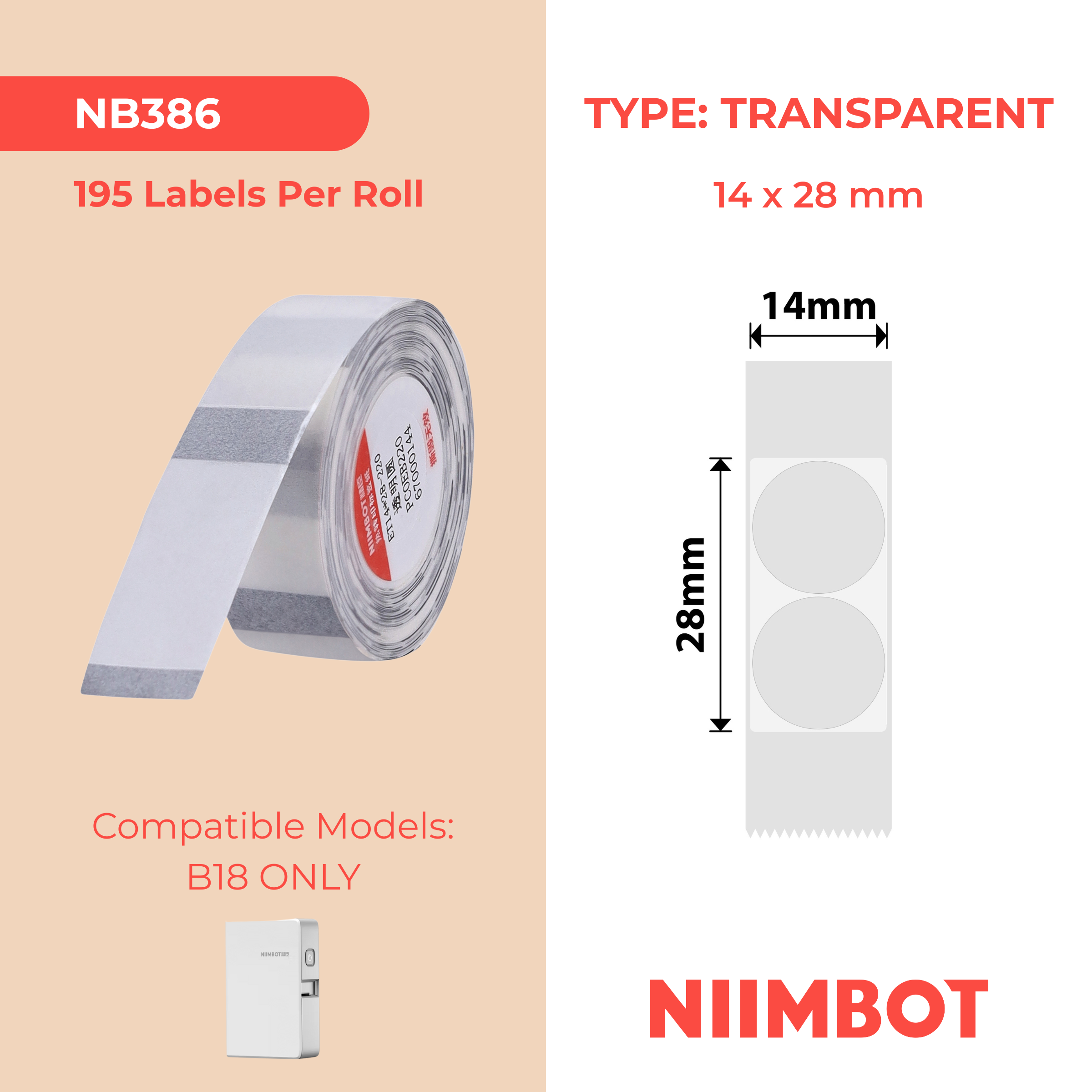 NB386 - NIIMBOT - B18 / N1 - ET14X28MM - 195 LABELS PER ROLL - ROUND - TRANSPARENT