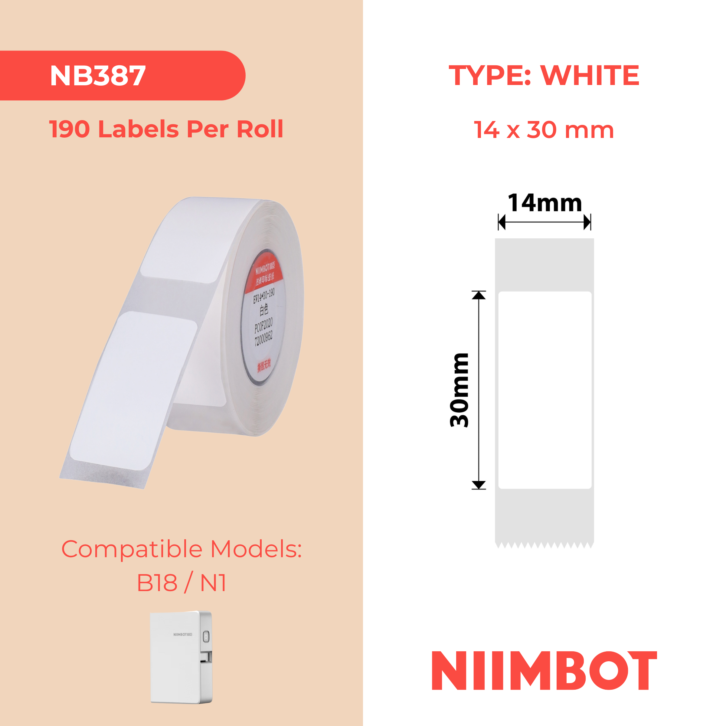 NB387 - Niimbot - N1 - 14x30mm - 190 White Labels