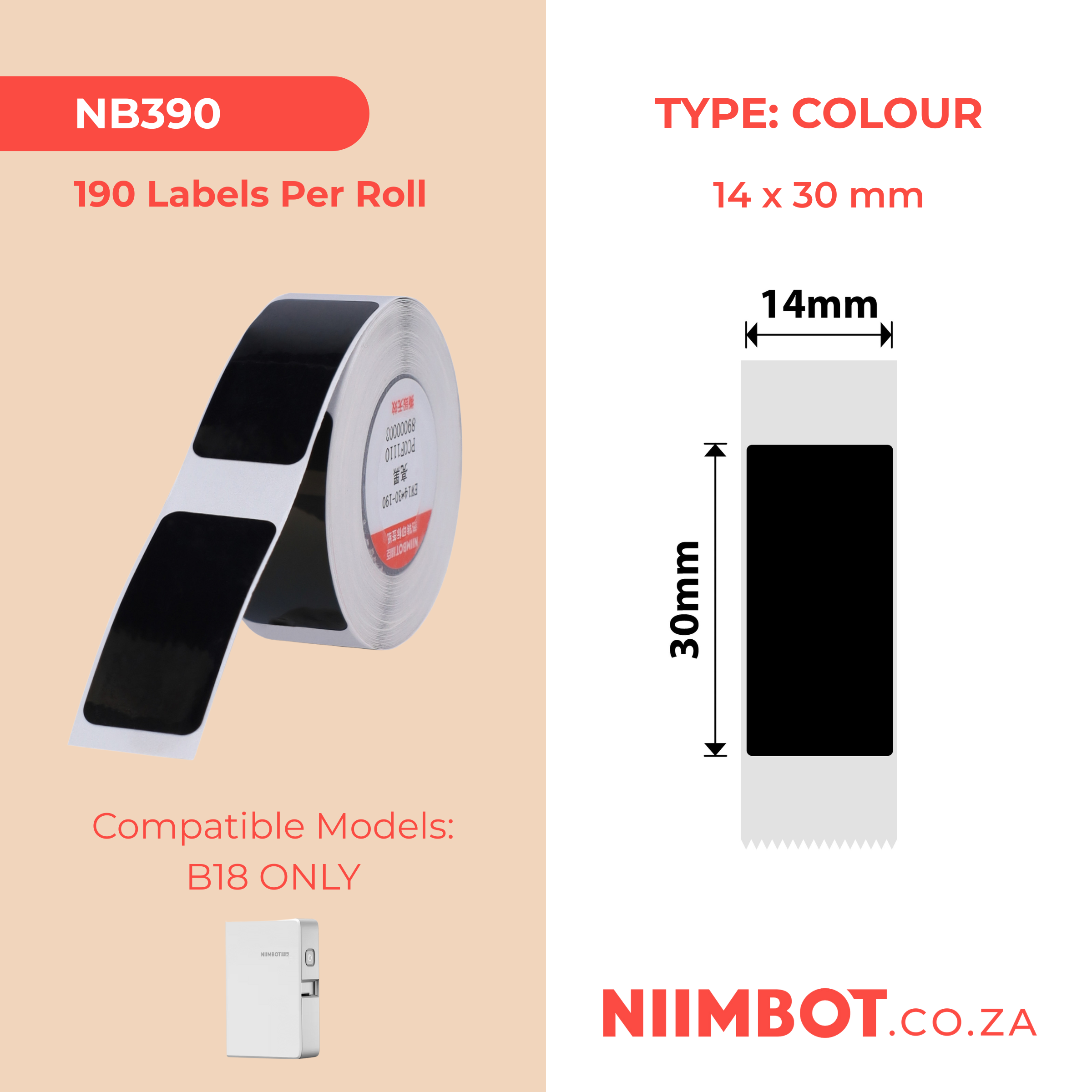 NB390 - NIIMBOT - B18 / N1 - EW14*30mm -190 LABELS PER ROLL - BLACK