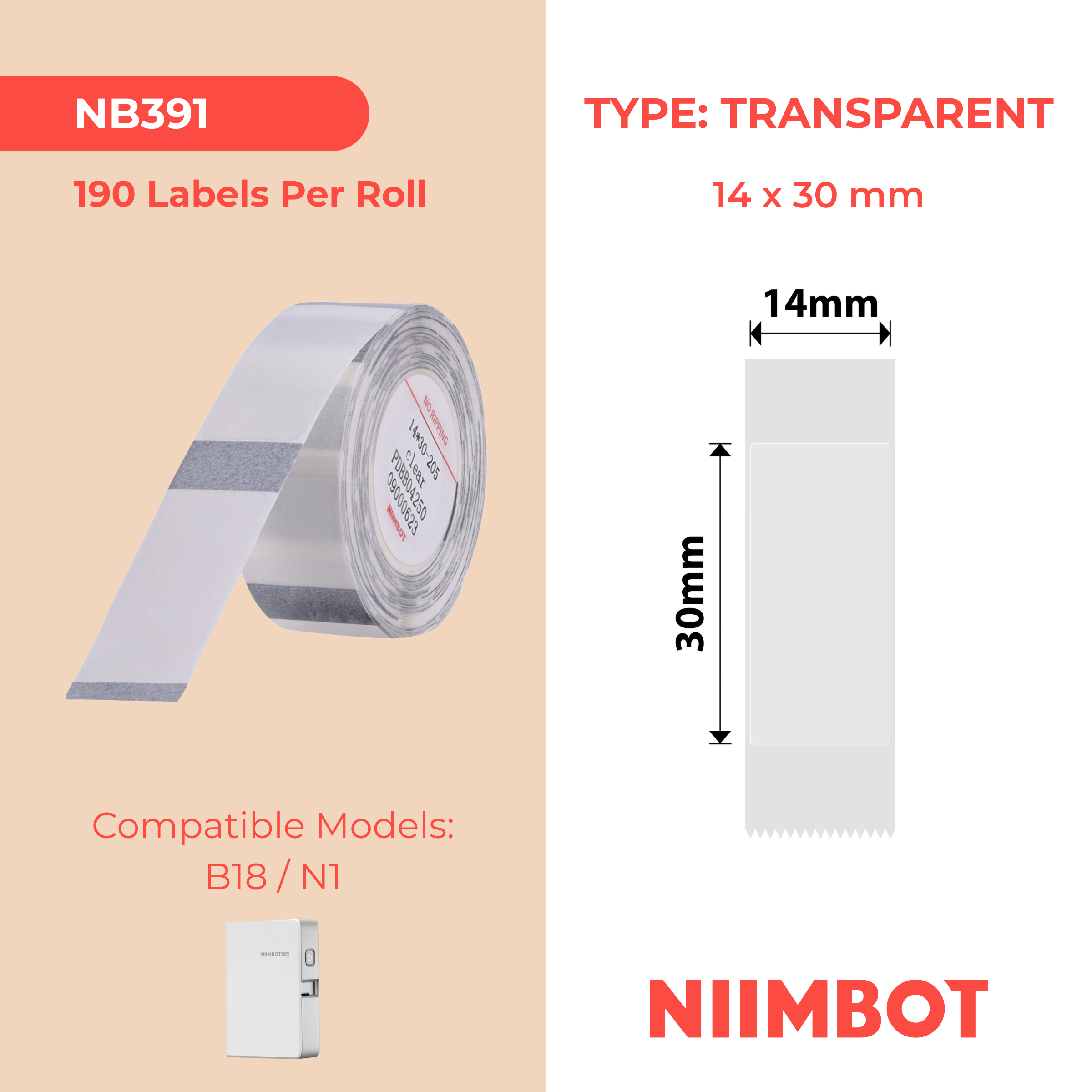 NB391 - Niimbot - N1 - 14x30mm - 190 Transparent Labels