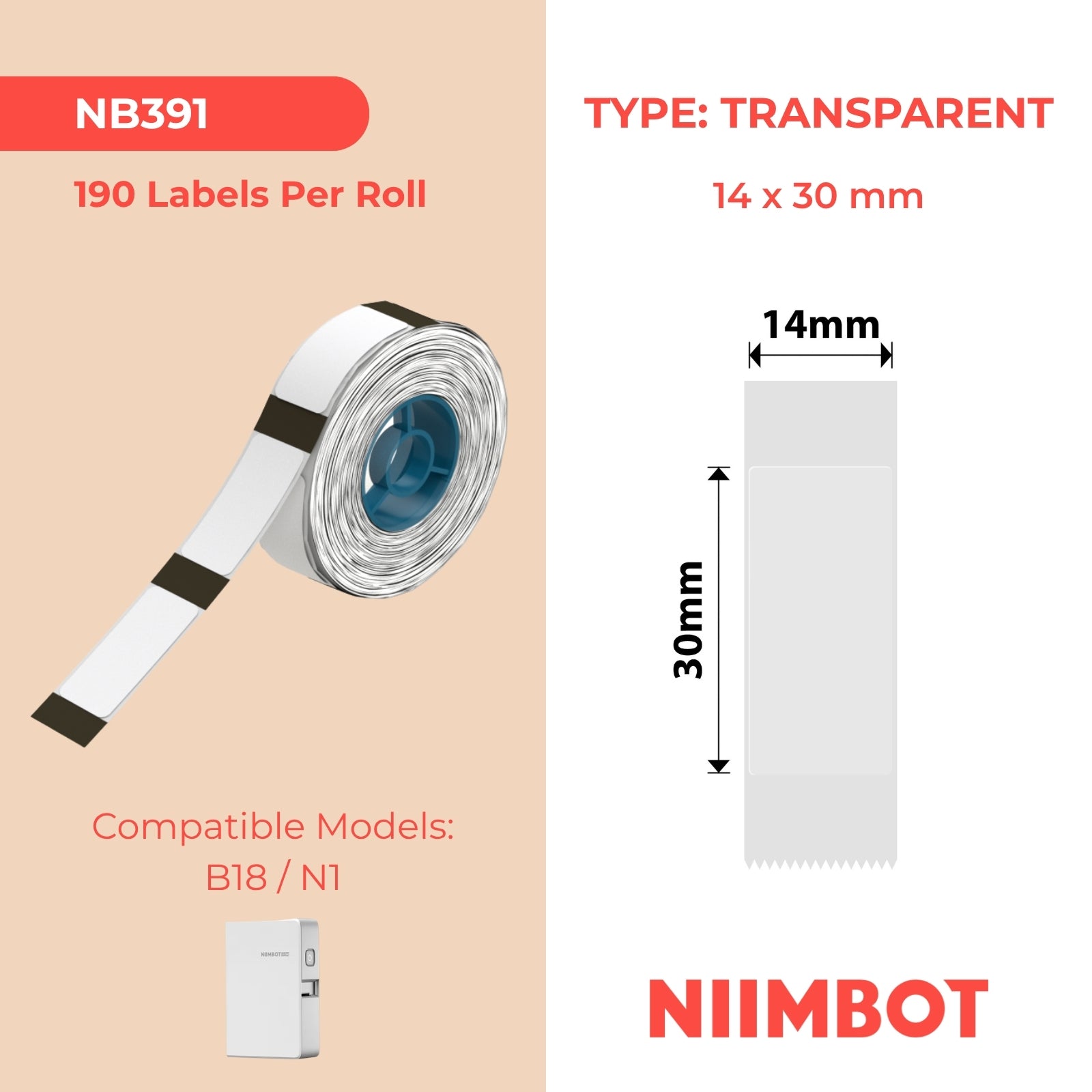 NB391 - NIIMBOT - B18 - ET14*30MM - 190 ETIKETTE PER ROL - DEURSIGTIG