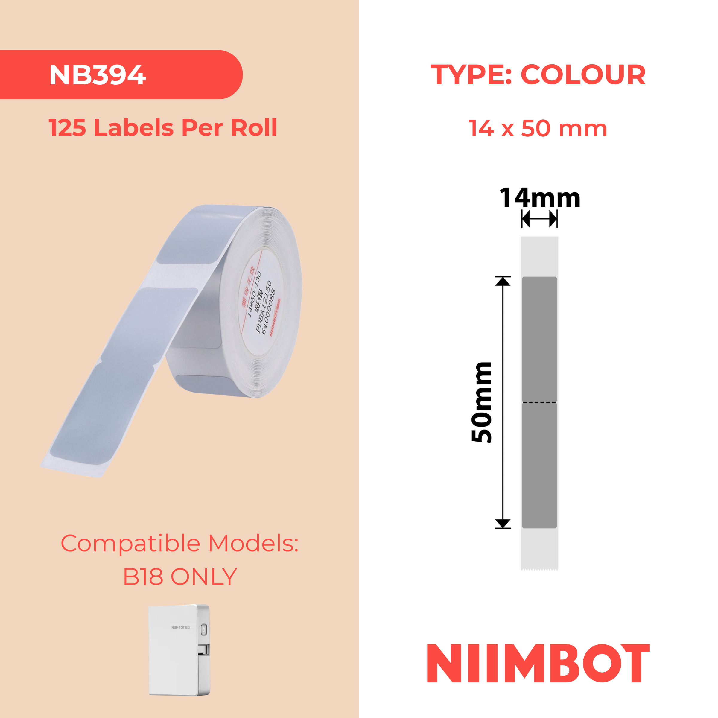 NB394 - NIIMBOT - B18 / N1 - ES14X50mm - 125 LABELS PER ROLL - DARK SILVER